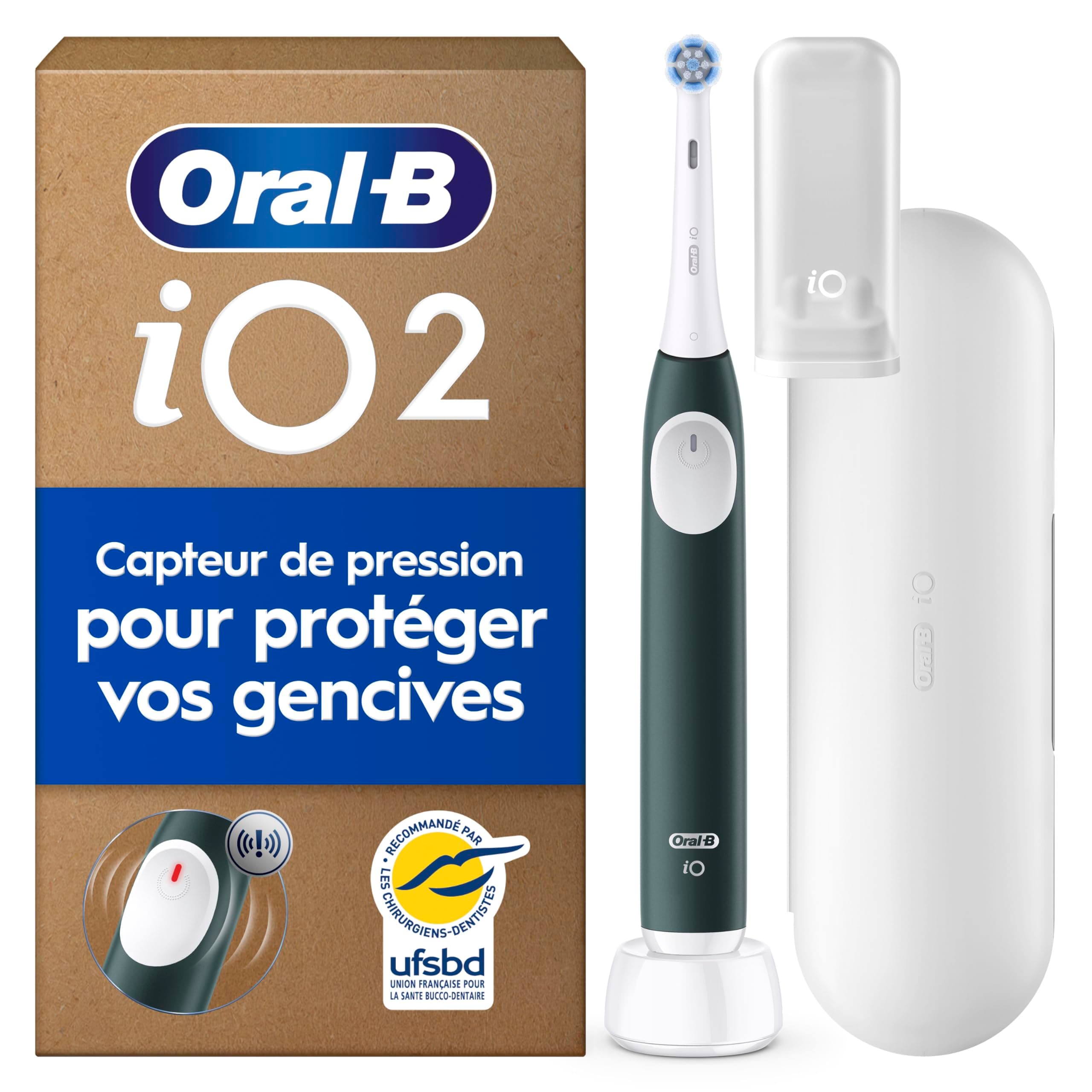 Oral-B Brosse à Dents Electrique iO 2 avec 1 Brossette de Rechange, Vert Forêt – 3 Modes de Brossage dont Douceur, Capteur de Pression sur les Gencives, Batterie Rechargeable, Silencieuse, avec Etui