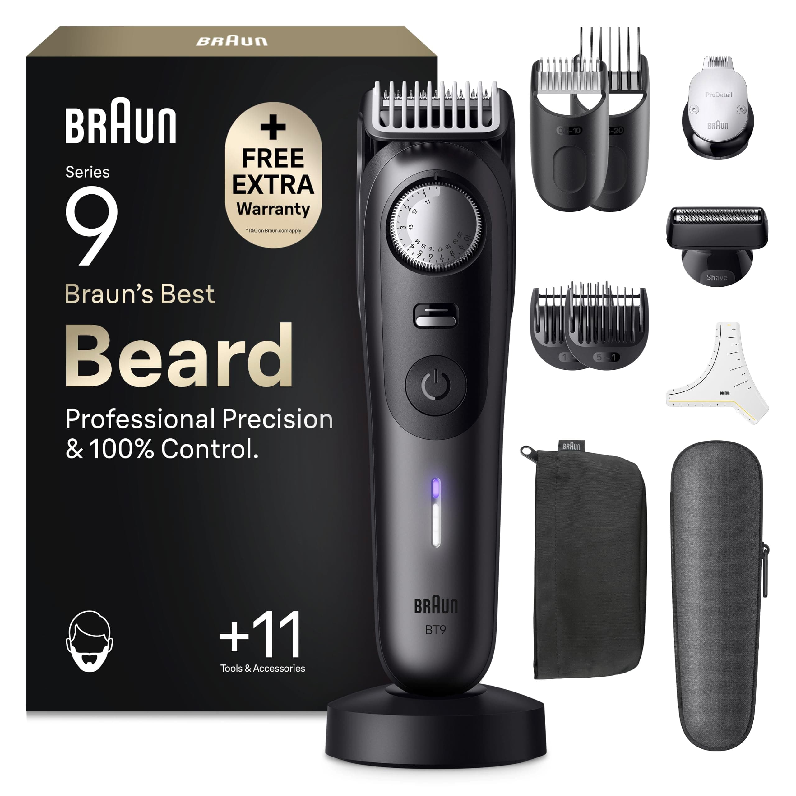 Braun Recortadora de Barba Hombre Series 9, BT9545n, Titanio | Barbero Recargable Resistente al Agua, +11 Accesorios para Barba, 180 Min de Autonomía, 52 Longitudes, Lámina Ultra Afilada