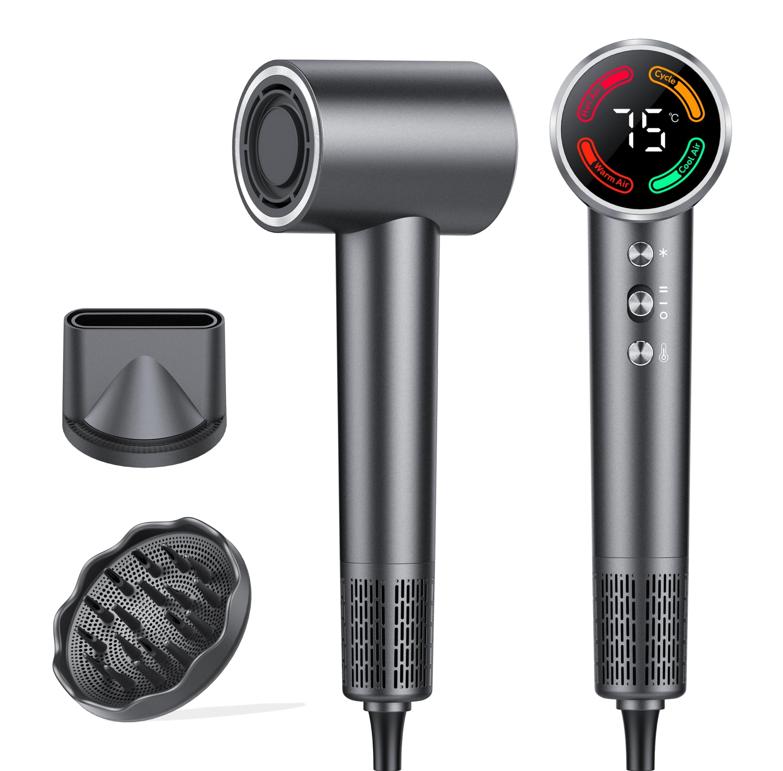 Asciugacapelli Ionico 160,000 RPM Phon Capelli Professionale 500 Milioni Ioni Negativi, 4 Temperature 2 Velocità, 2 Accessori Magnetici, Display LED, Termoregolazione intelligente, Basso Rumore