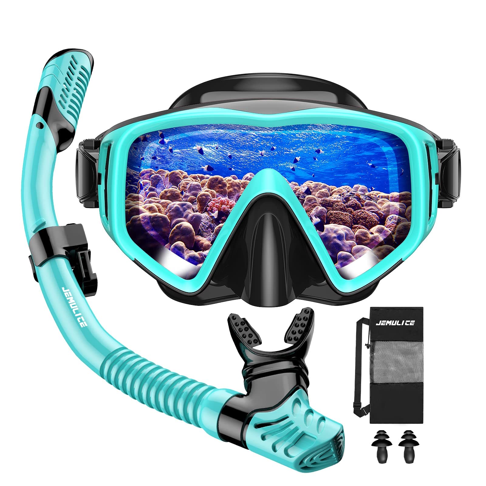 JEMULICE Gafas y Tubo de Snorkel Set para Adulto, Panorámico de 180° Gafas de Buceo Adulto de Cristal Templado y Dry Top Snorkel, Equipo de Buceo Juego de Snorkel Profesional para Mujeres Y Hombres