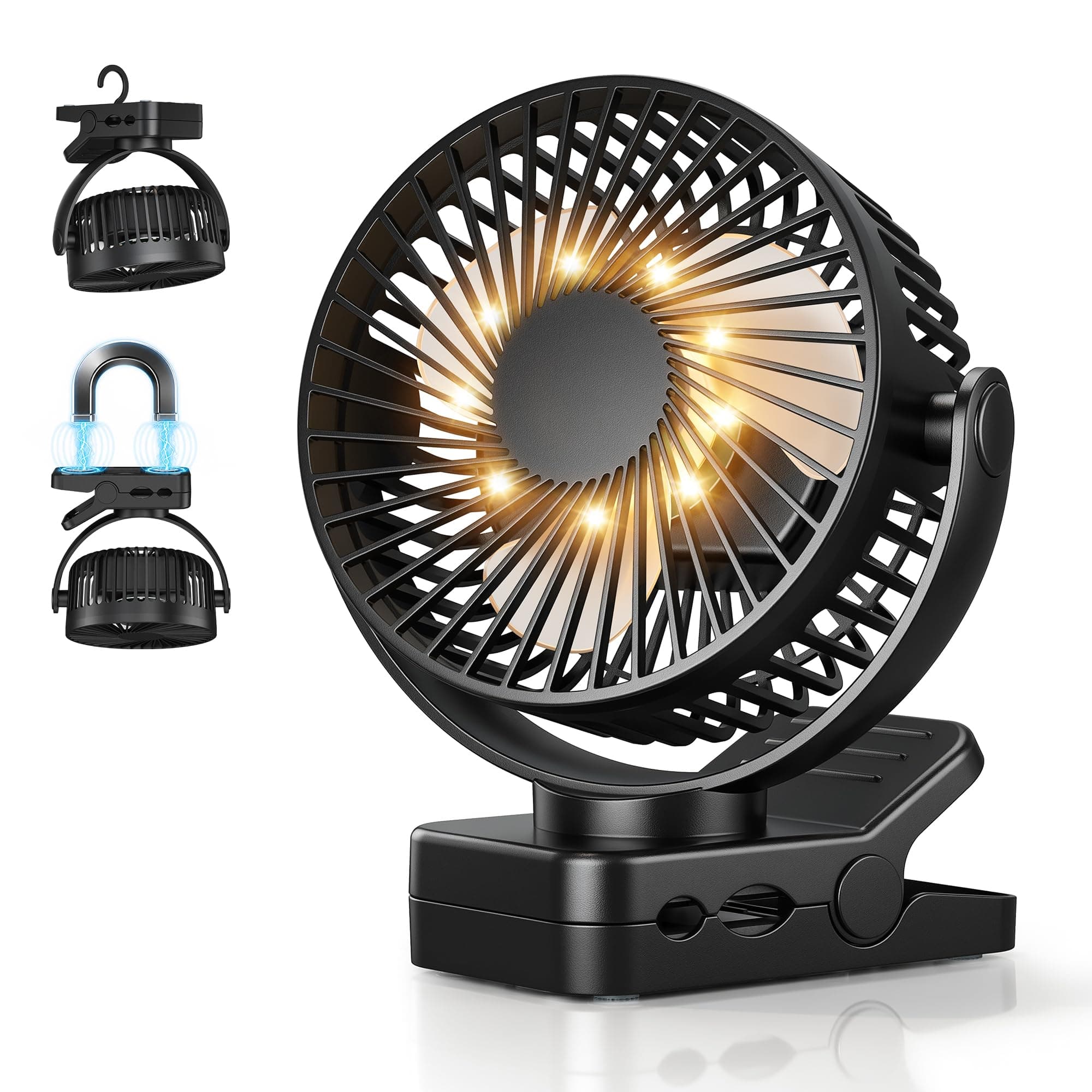Ventilatore da Tavolo 4 in 1 USB Ventilatore Portatile 12000mAh e Telecomando Ricaricabile Luce LED 3 Velocità Timer Rotazione 360°, Ventilatore Pinza per Esterno Auto Passeggino Campeggio, Nero