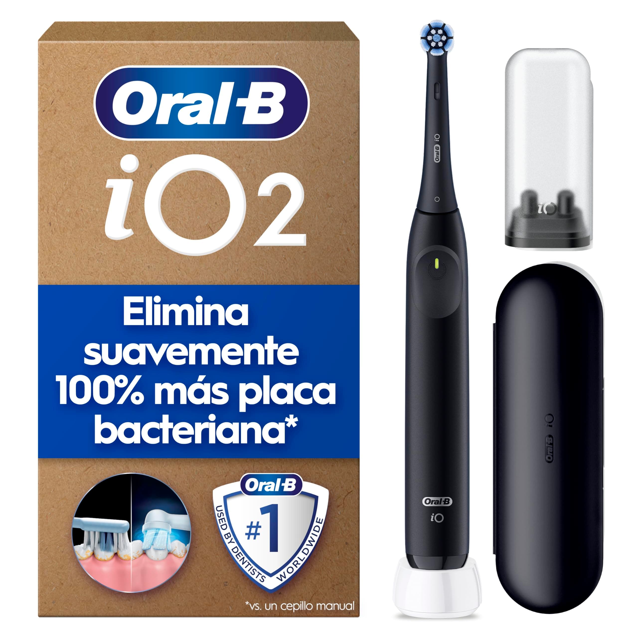 Oral-B iO 2 Cepillo de Dientes Eléctrico Negro Noche, 1 Cabezal, 1 Estuche de Viaje, 1 Soporte de Recambios de Viaje, 3 Modos de Cepillado, Sensor de Presión y Temporizador, Diseñado por Braun