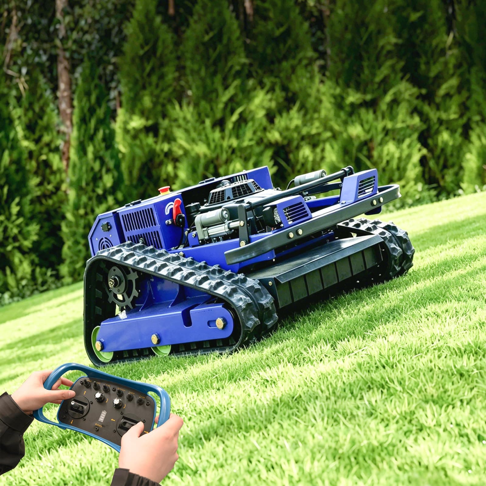Mähroboter-Fernsteuerung Rasenmäher Raupenfahrwerk - 4x4 Hybrid Benzin/Elektro - 55cm Schnittbreite - Roboter Mäher für 100% Steigung (45°)