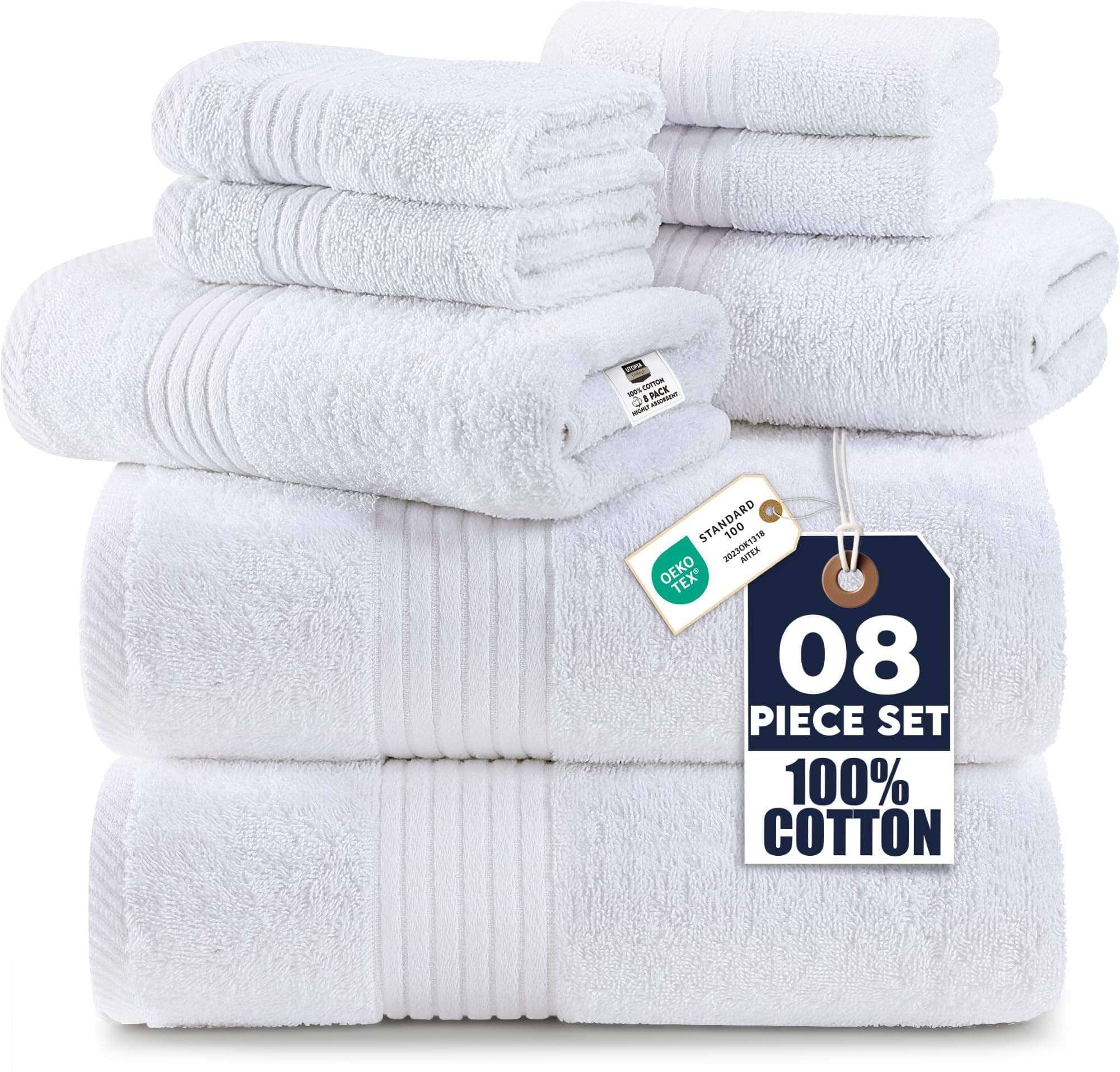Utopia Towels: Juego de Toallas Premium de 8 Piezas, 2 Toallas de baño, 2 Toallas de Mano y 4 Paños de Lavabo. Algodón. para hogares, Hoteles y Spas y Super Absorbentes (Blanco)