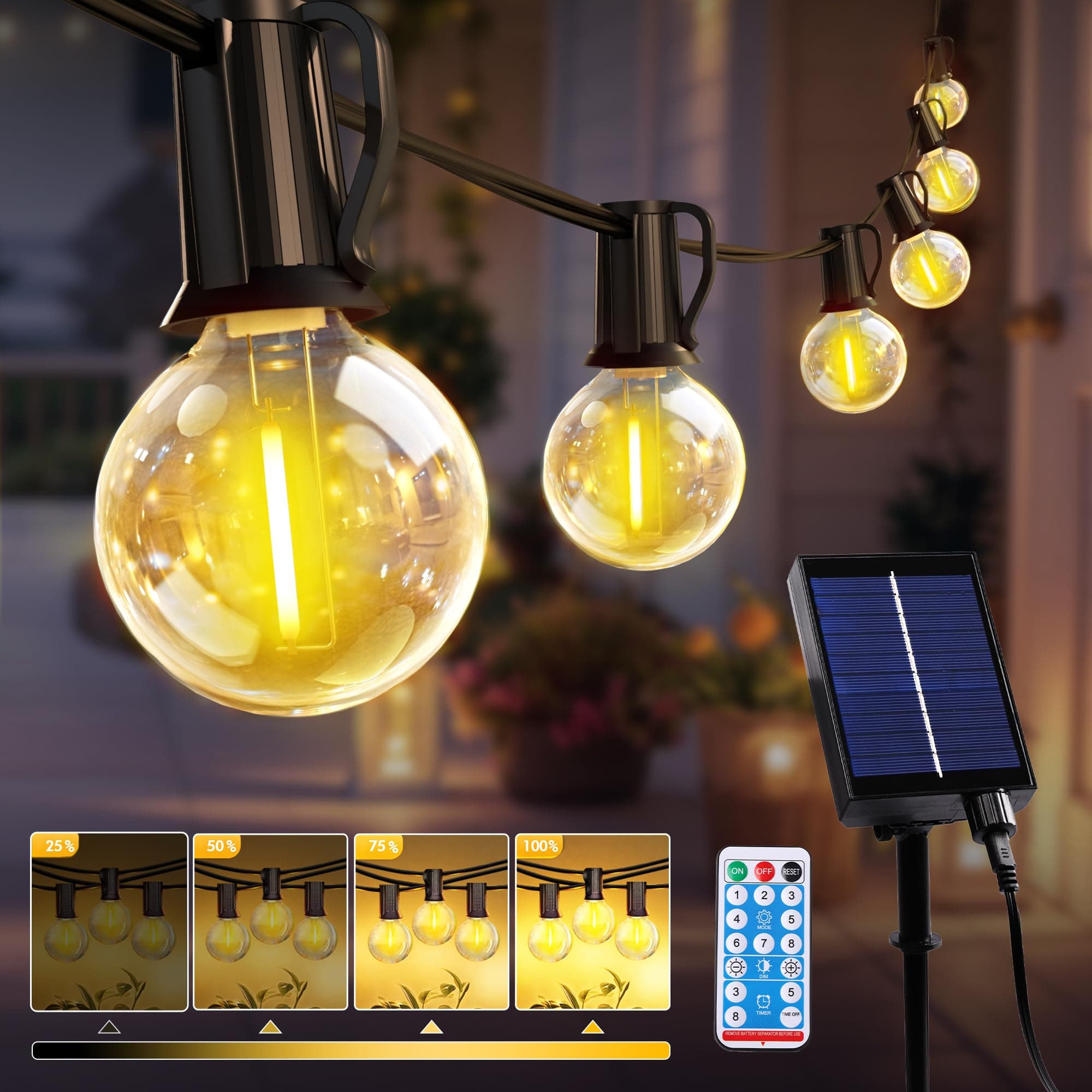 Guirlande Lumineuse Solaire Extérieure 10M, Guirlande Guinguette avec Télécommande 15+1 Ampoules LED, 8 Modes d’Éclairage, 4 Luminosité Réglable, Guirlande IP44 Étanche pour Jardin Balcon Terrasse