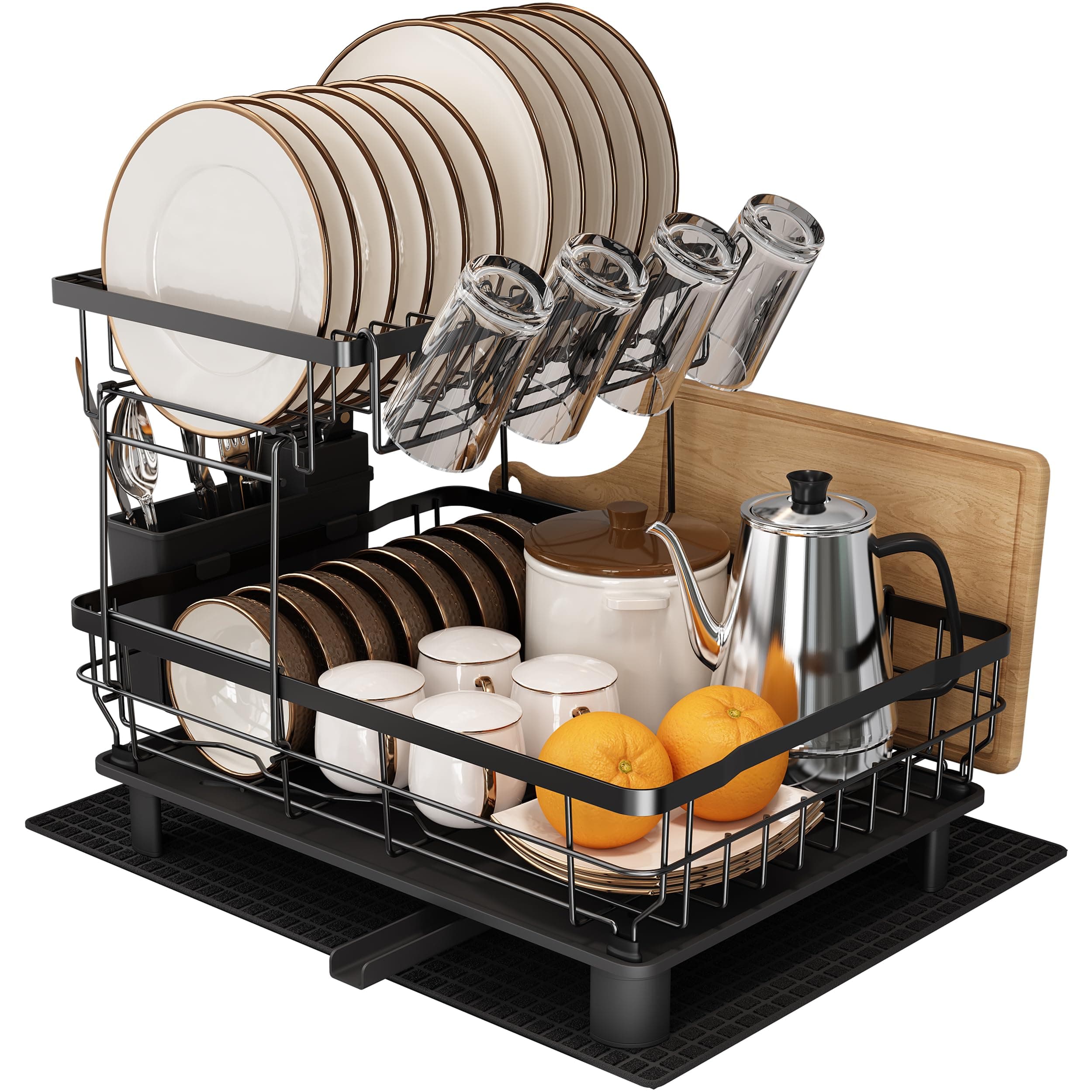 MAJALiS Escurreplatos Acero Inoxidable con Drenaje, Escurridor de Platos con desagüe Automático de Cocina, Escurridor Platos con Soporte para Utensilios, Tabla de Cortar, Portavasos, 2 Niveles, Negro