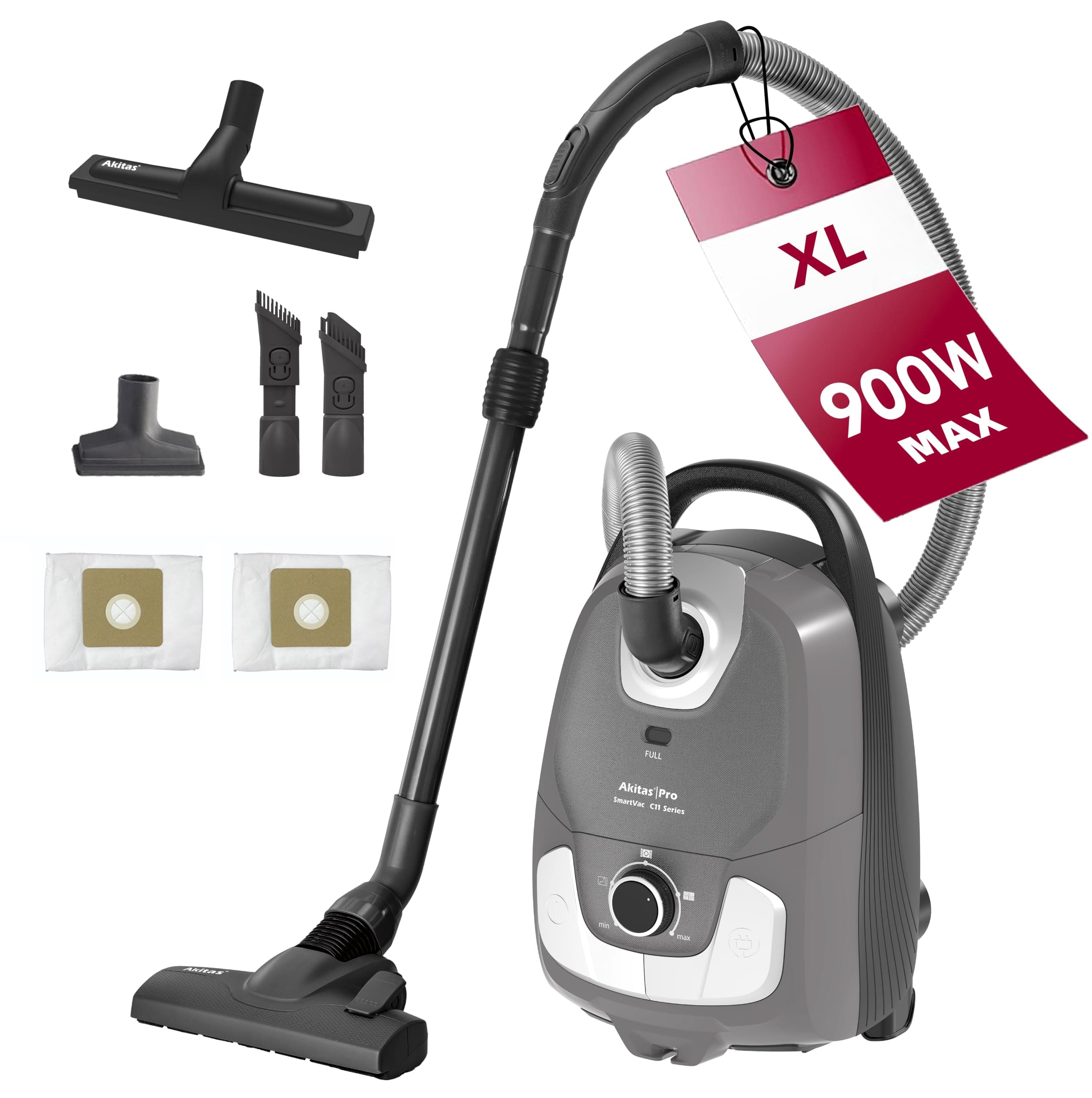 Akitas C11 900W Aspirateur avec Sac Câble de 7m Puissance d’Aspiration réglable Nettoyage Multi-Surface pour Sols Durs et Moquettes Tête de Rechange Incluse Accessoires Inclus