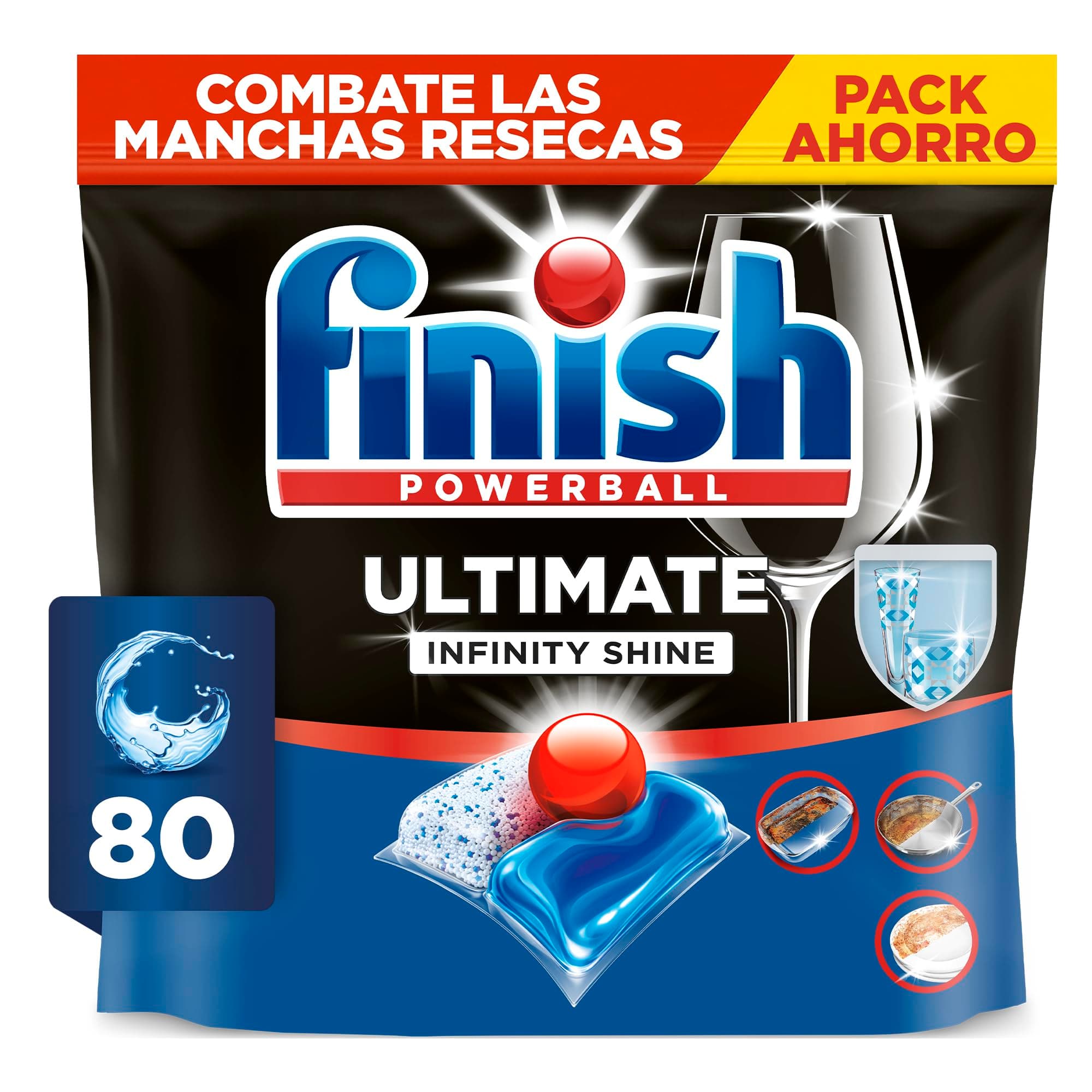 Finish Powerball Ultimate Infinity Shine, pastillas para el lavavajillas con poder quitagrasas y protección del cristal, 80 pastillas