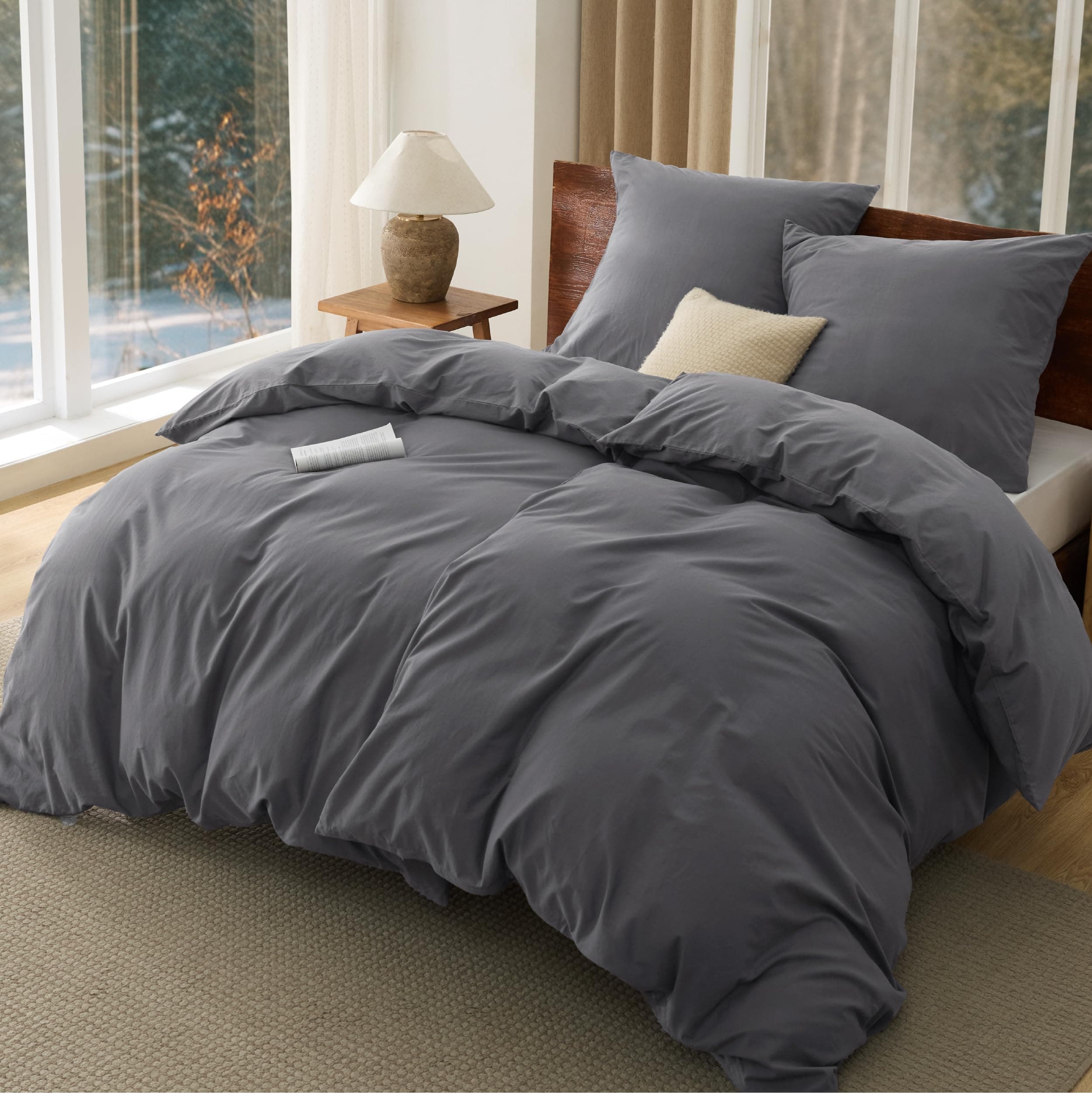 BEDSURE Bettwäsche 135x200 Baumwolle 4teilig - Bettwäsche-Sets Anthrazit Bettbezug 2er Set mit 2 Kissenbezüge 80x80 cm, Ähnliche Textur wie Washed Leinen, Oeko-TEX Bedding Grau mit Reißverschluss