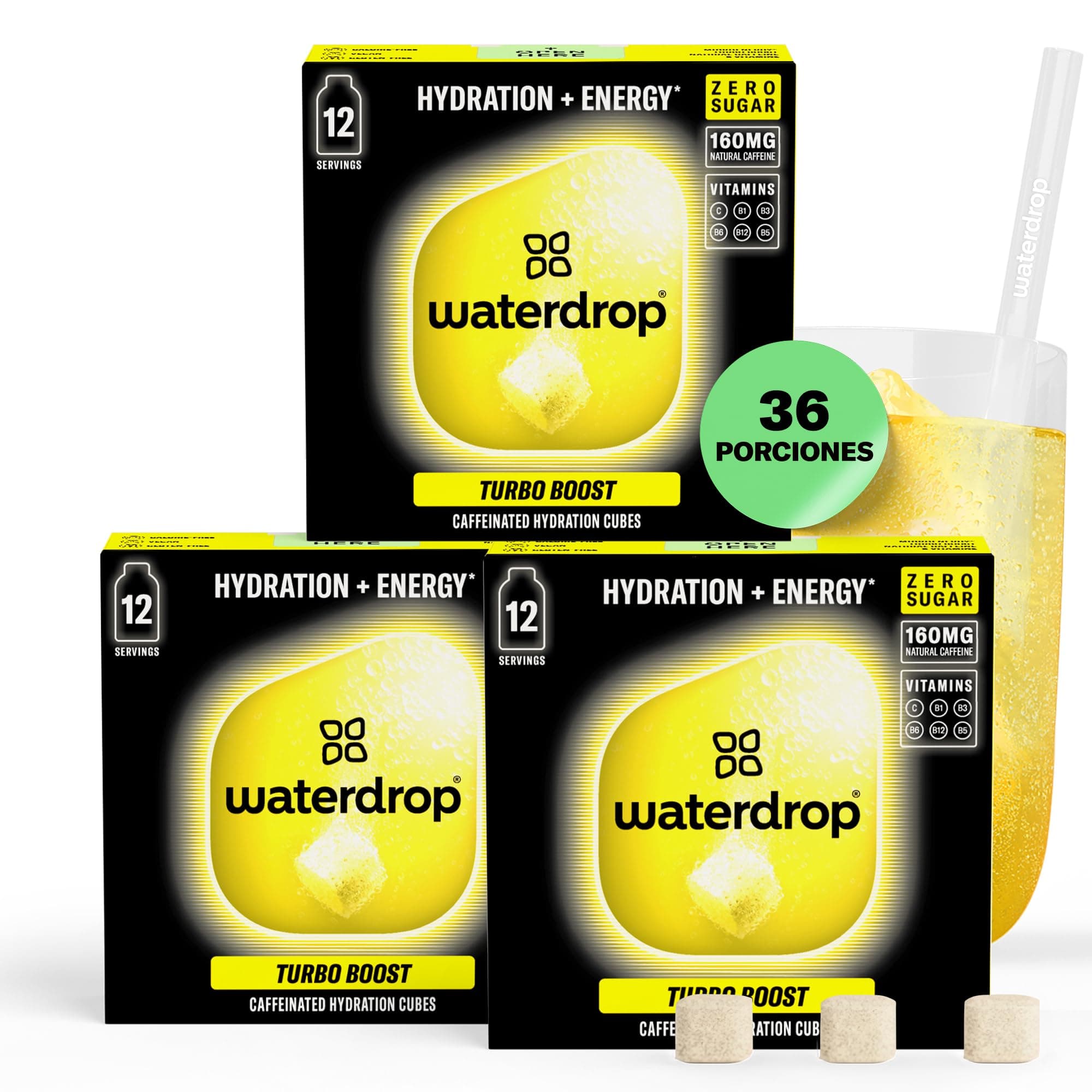 waterdrop® Energy Drink Turbo Boost – 160mg Cafeína Natural, sin azúcar ni taurina, cero calorías, con vitaminas C y B. Saborizante para agua sin azúcar, bebida energética y refrescos