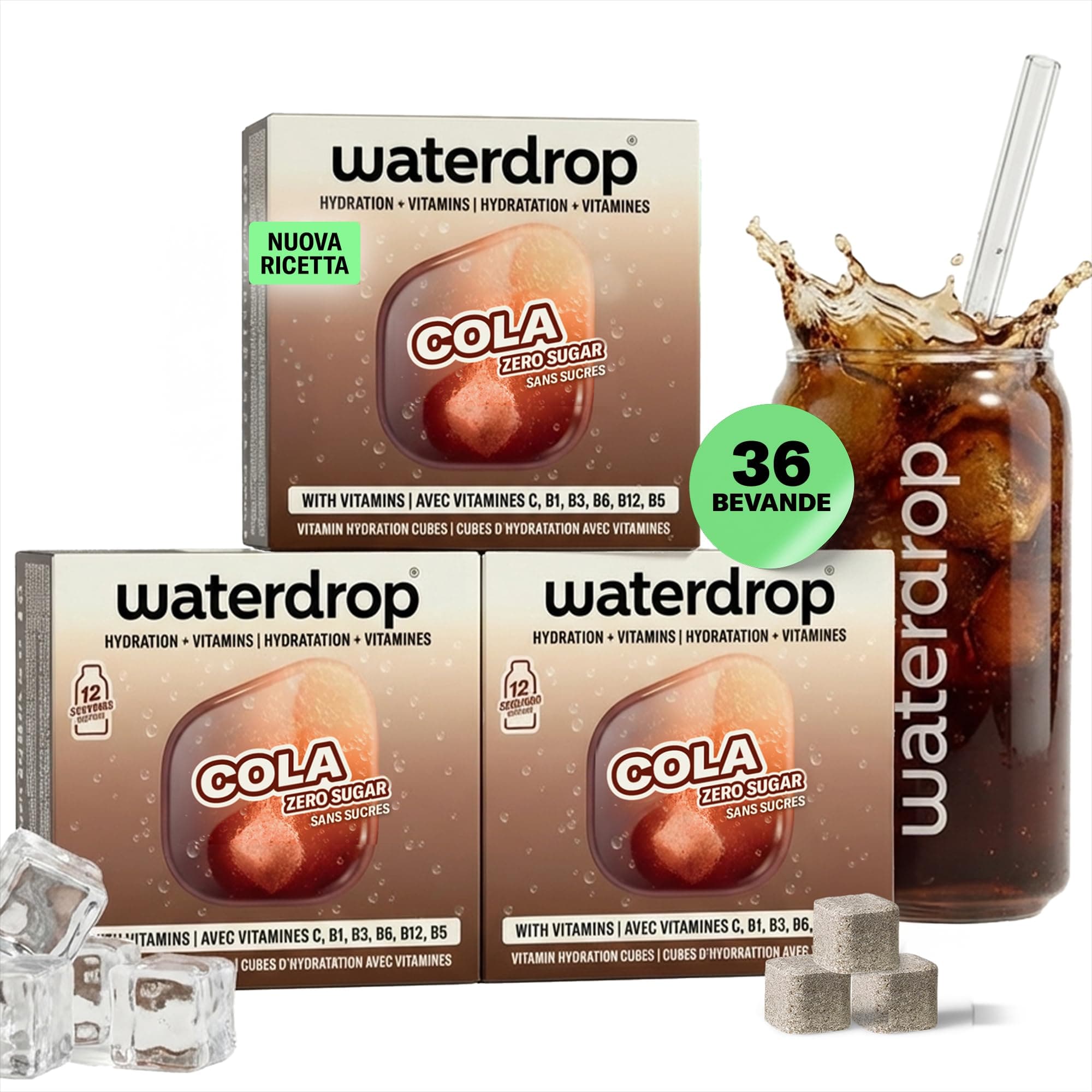 waterdrop® Cola Nuova Ricetta - Bevanda senza zucchero - 36 cubi per acqua naturale o frizzante - Gusto cola classico, fresco e leggero - Zero calorie, con vitamine - Alternativa alle bibite gassate