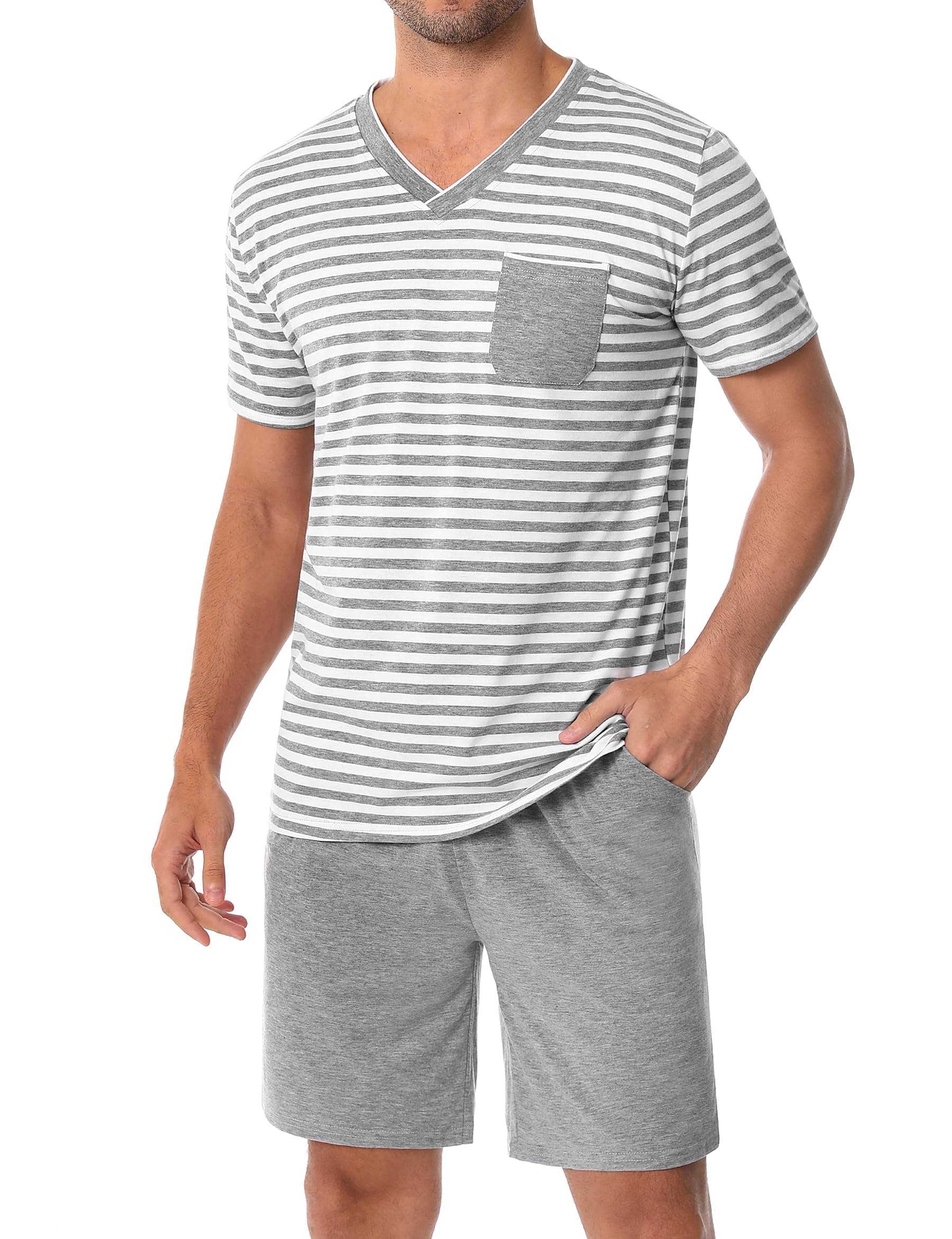 Leversic Verano Conjunto de Pijama Hombre Ropa de Dormir de Algodón Camisetas de Pijama a Rayas de Manga Corta y Pantalones Cortos para Dormir con Bolsillos