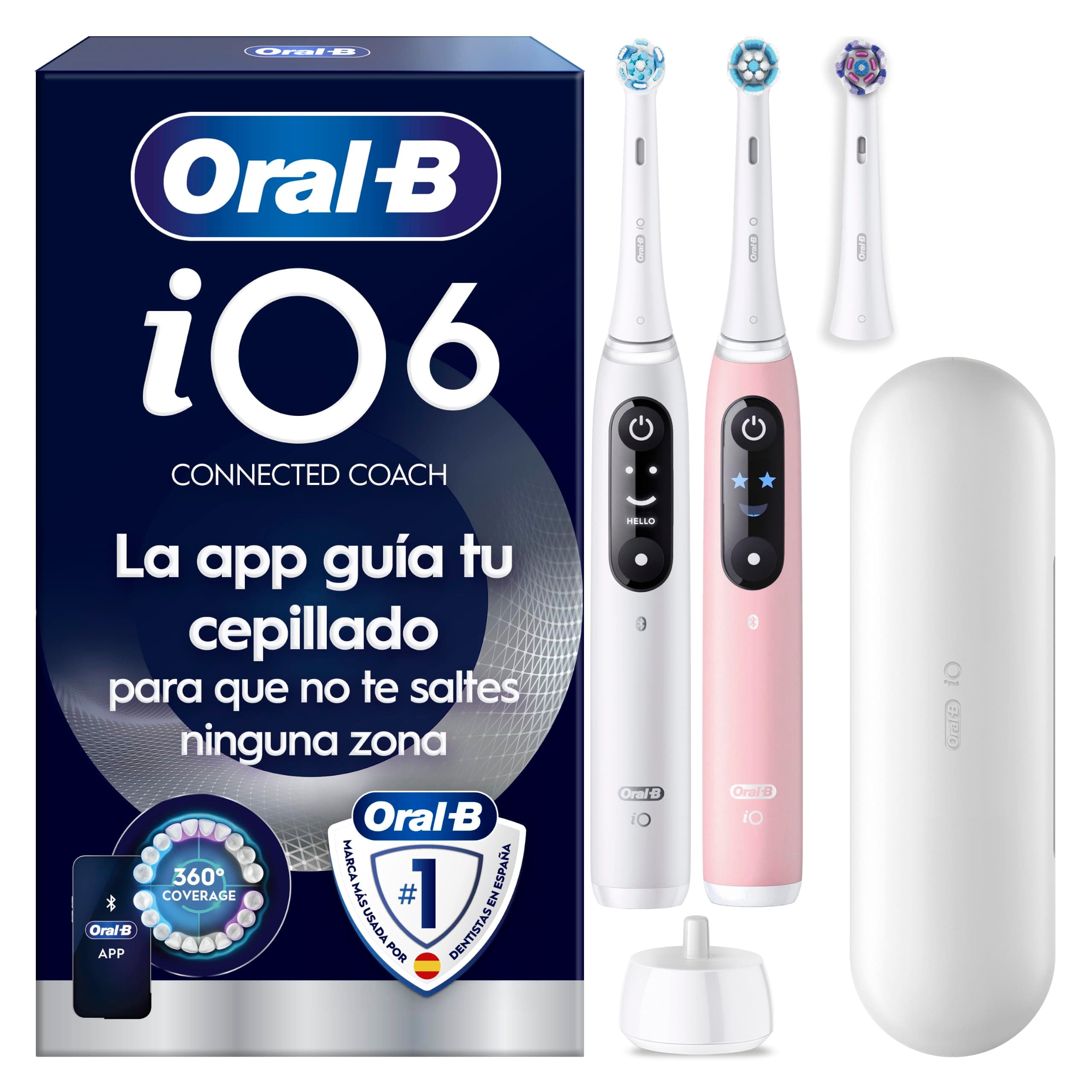 Oral-B iO 6 Cepillos de Dientes Eléctricos, 3 Cabezales, Blanco y Rosa, Pack de 2 - Cepillo Dental con 5 Modos de Cepillado Y Sensor De Presión, Regalos Originales para Mujer y Hombre