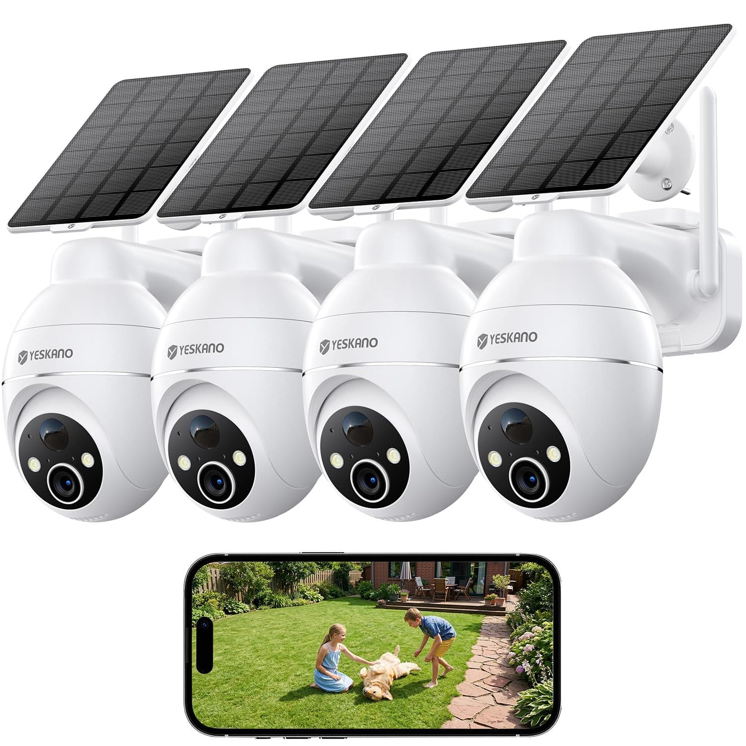 YESKANO 2K Telecamera Wi-Fi Esterno Senza Fili Con Pannello Solare, 360° PTZ Videocamera Sorveglianza A Batteria, Visione Notturna A Colori, Rilevamento Umano/PIR con Allarme, 2 Vie Audio, 2.4GHz,IP66