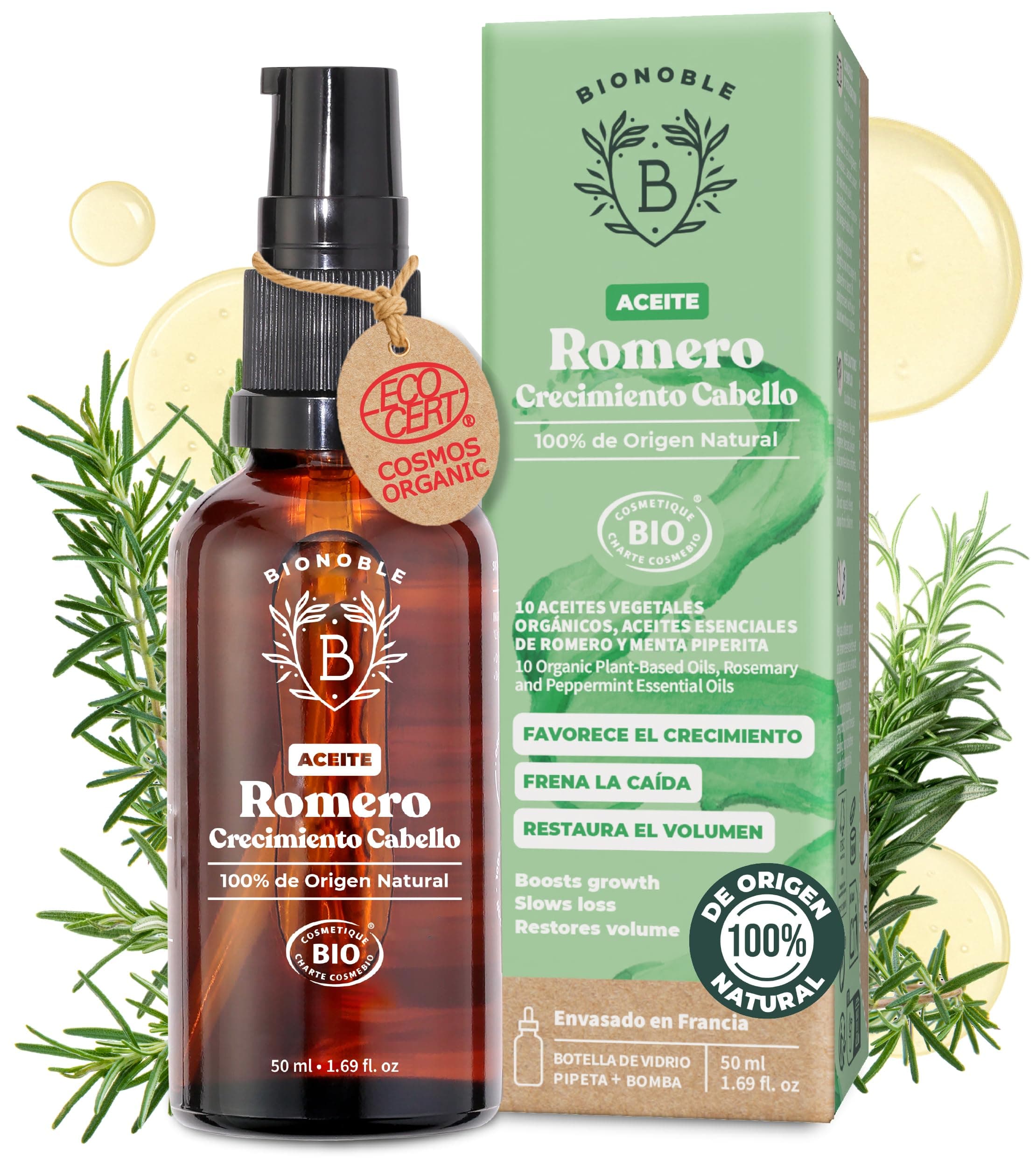 BIONOBLE Aceite de Romero para el Cabello Orgánico - Estimula Crecimiento Pelo, Nutre el Cuero Cabelludo - Aceite Esencial de Romero, Ricino - Rosemary Oil Hair Growth - Botella Vidrio, Pipeta - 50ml