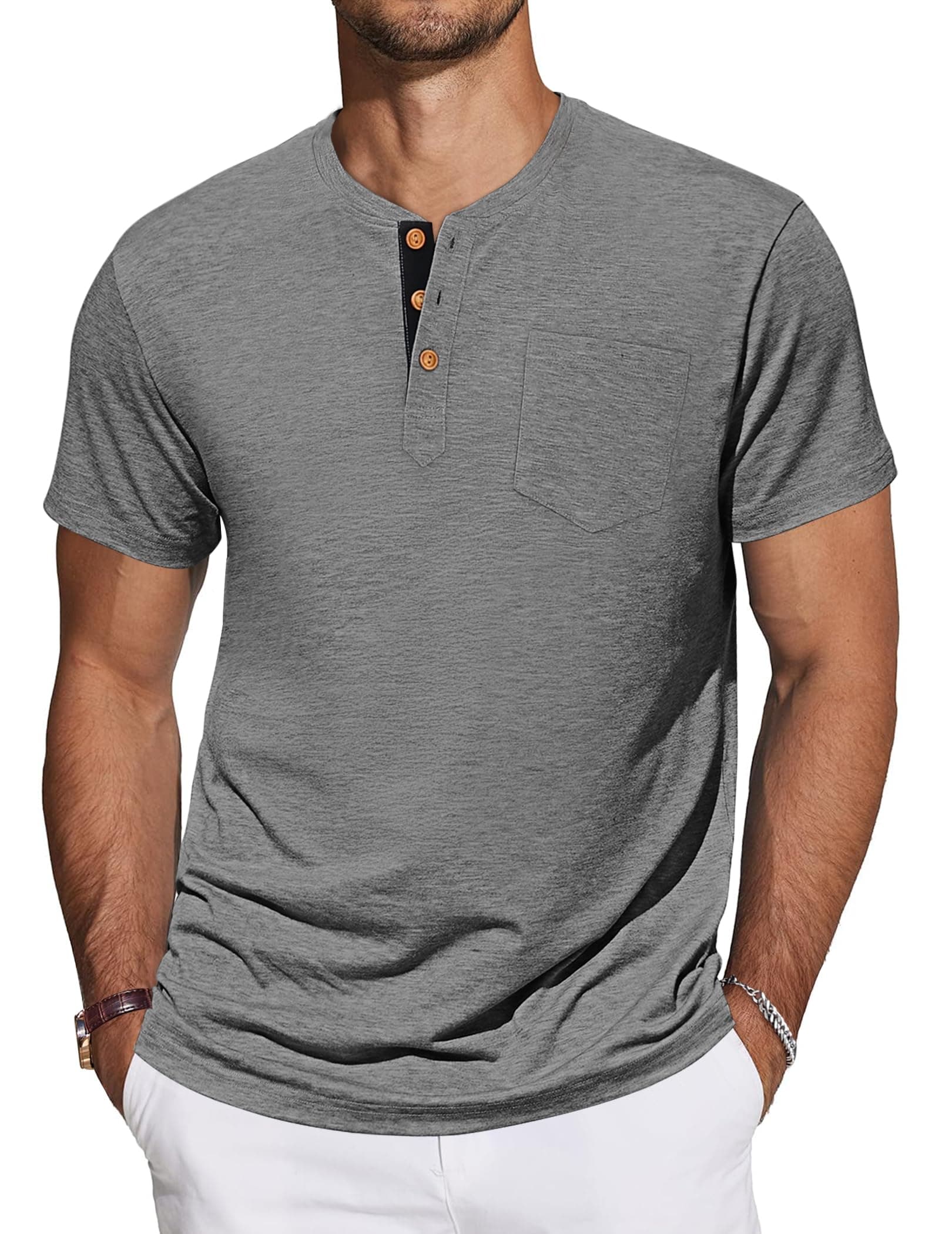 TARAINYA Henley T-Shirt Uomo Cotone Maglietta Maniche Corte Tinta Unita con Tasche Estate M-4XL