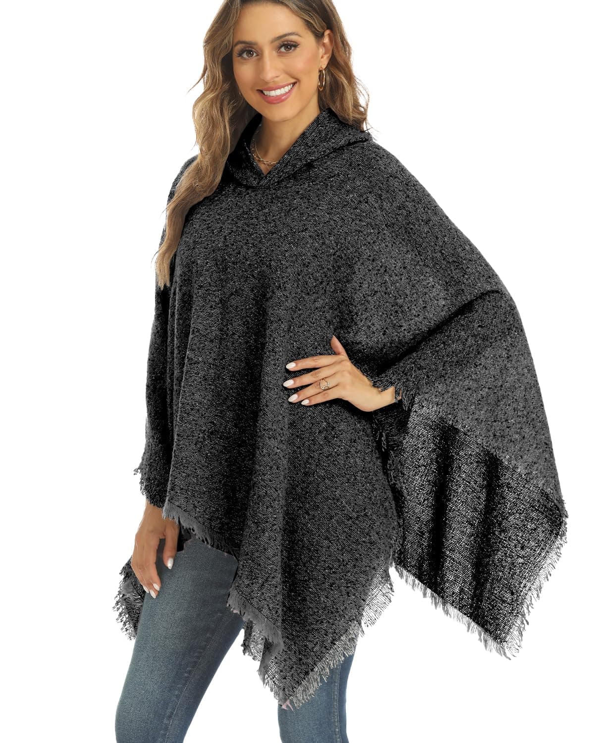 crazy bean Poncho Mujer Invierno con Flecos Capa de Punto Elegante Capucha | Toquilla con Cuello en V, para Otoño Primavera, con Capucha, Cálido, de Casa