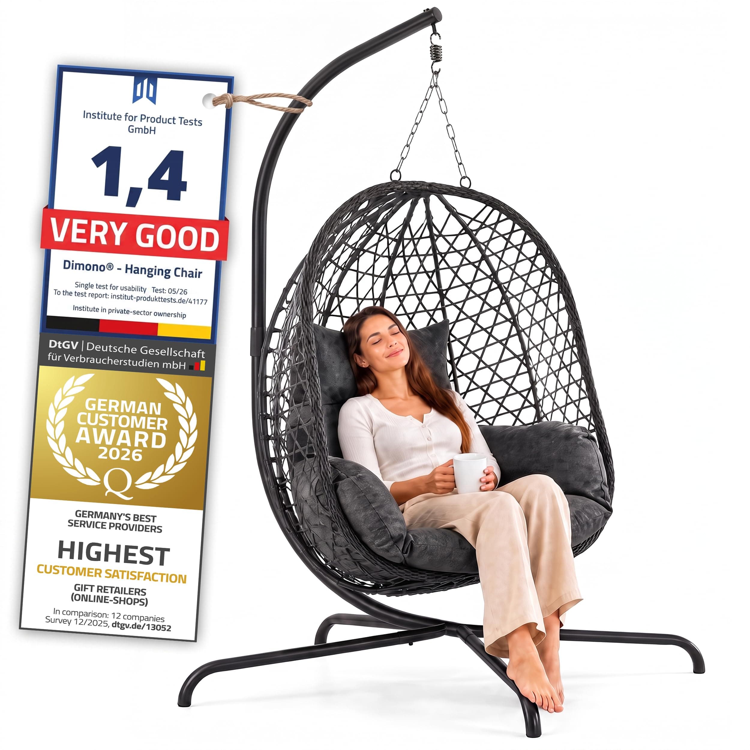 GOODS+GADGETS® Fauteuil Oeuf Suspendu avec Support - 120 kg | Fauteuil suspendu intérieur & extérieur - coussin épais, cadre acier anti-basculement, polyrattan durable
