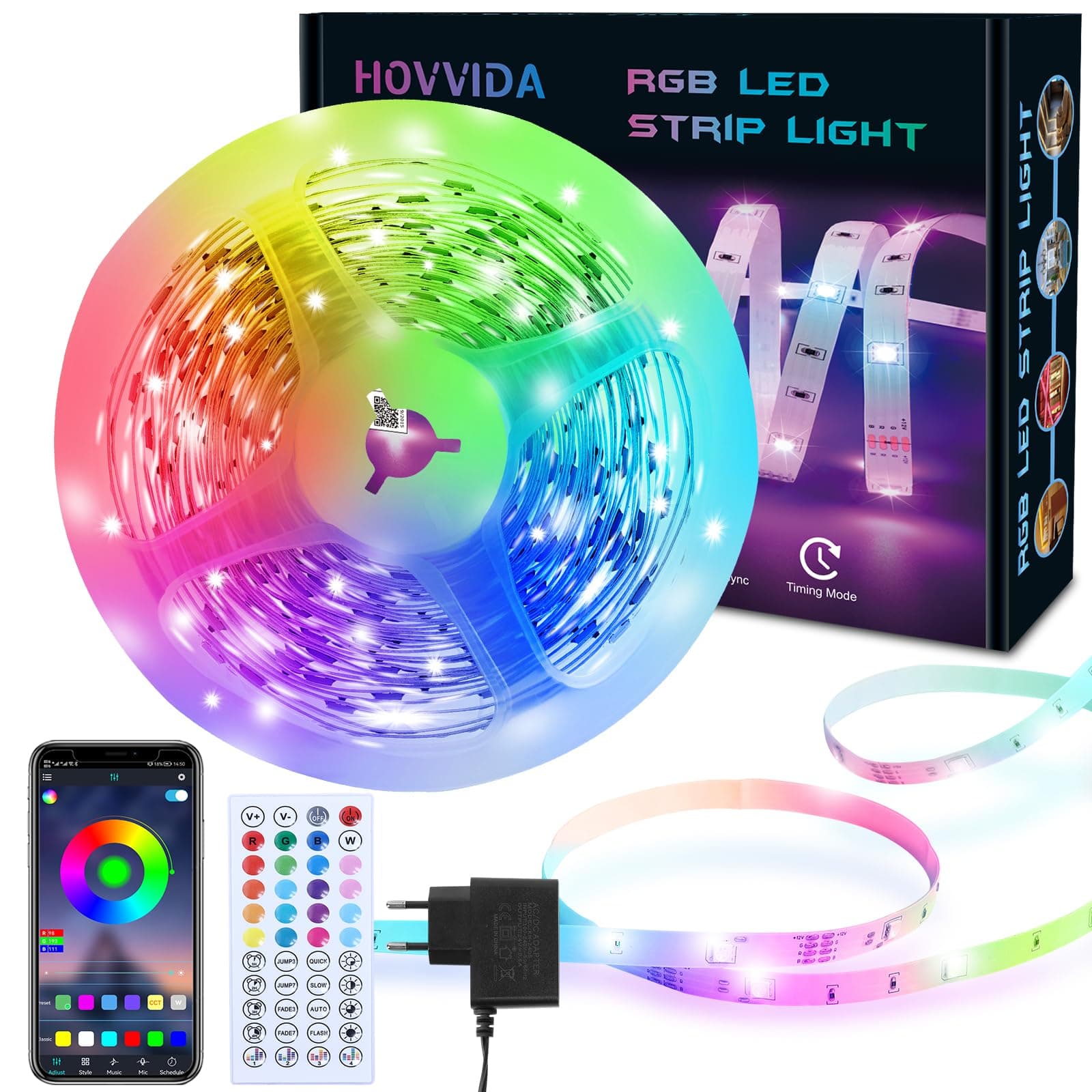 HOVVIDA Ruban LED 10m, LED Chambre 10m, Bande LED, 300 LED, 30 LED/Mètre | 1x10m, 24V, APP et Télécommande, Synchronisation de la Musique, Mode Minuterie, pour Chambre, Salle de Jeux, Fête, Festival
