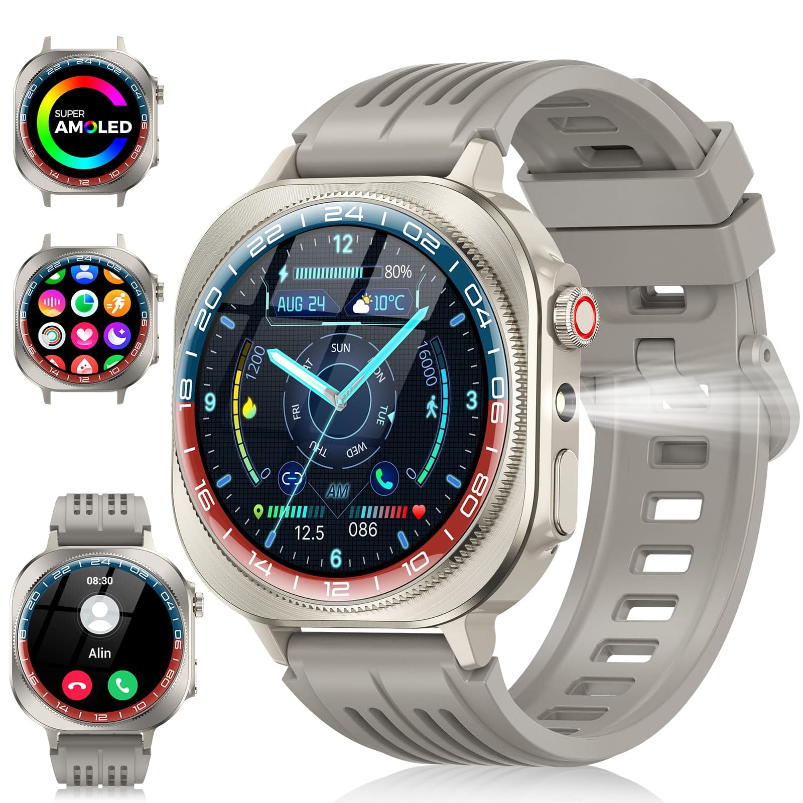 Reloj Inteligente Hombre Mujer Militar, 2026 AMOLED 1.43" con Llamadas Bluetooth 5.4, 60 Días de Autonomía Smart Watch con Linterna LED,IP68 Impermeable/24/7 Monitor/130+Deportivos/Android iOS (Grau)