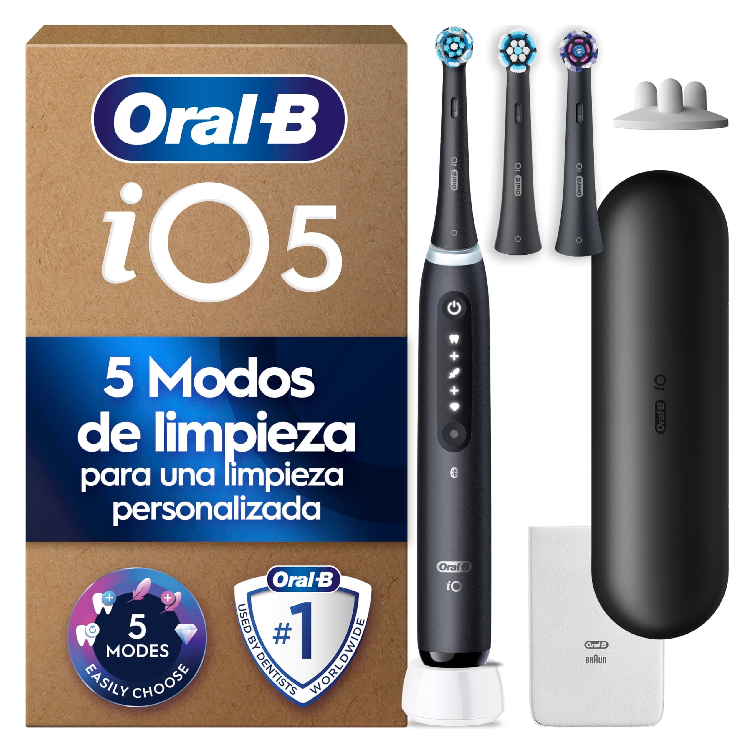 Oral-B iO 5 Cepillo de Dientes Eléctrico con 3 Cabezales, Negro | Cepillo Dental con Sensor de Presión, 5 Modos de Cepillado con Modo Blanqueante, Estuche de Viaje, Embalaje de Cartón