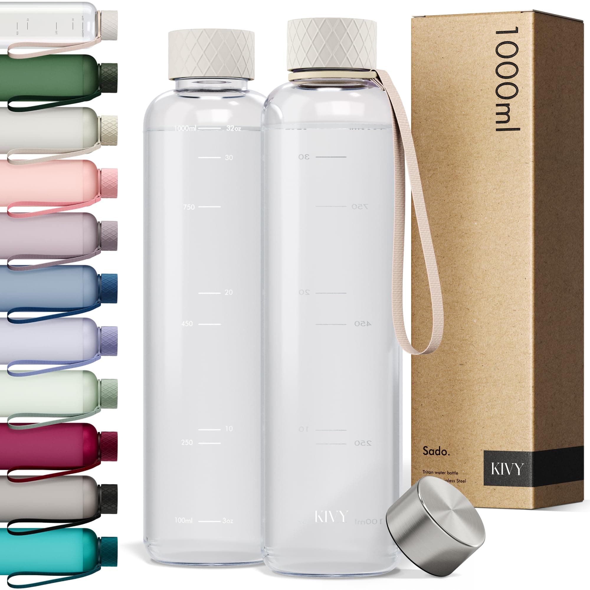 KIVY Borraccia 1 litro - Antigoccia e Antiurto – Perfetta per Sport, Scuola e Ufficio - Borraccia Palestra - Bottiglia 1 Litro - Bottiglia Acqua - Plastica Borracce Sportiva 1l - Senza BPA - Crema