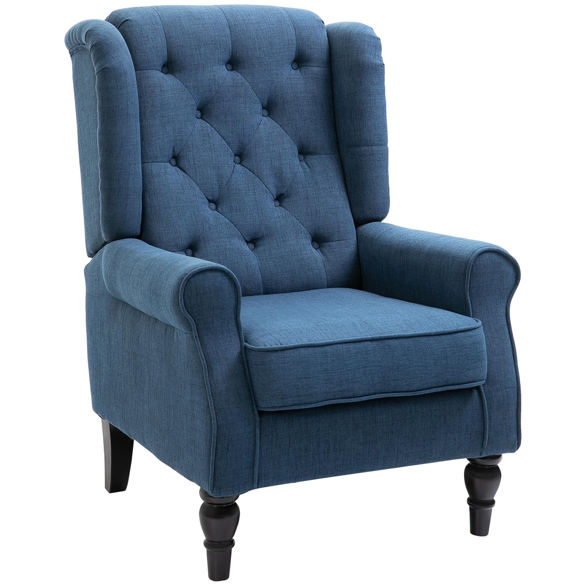 HOMCOM Fauteuil de Salon, Fauteuil Capitonné avec Pieds en Bois, Assise Large, Grand Confort, Style Classique, 74 x 86 x 102 cm, Bleu