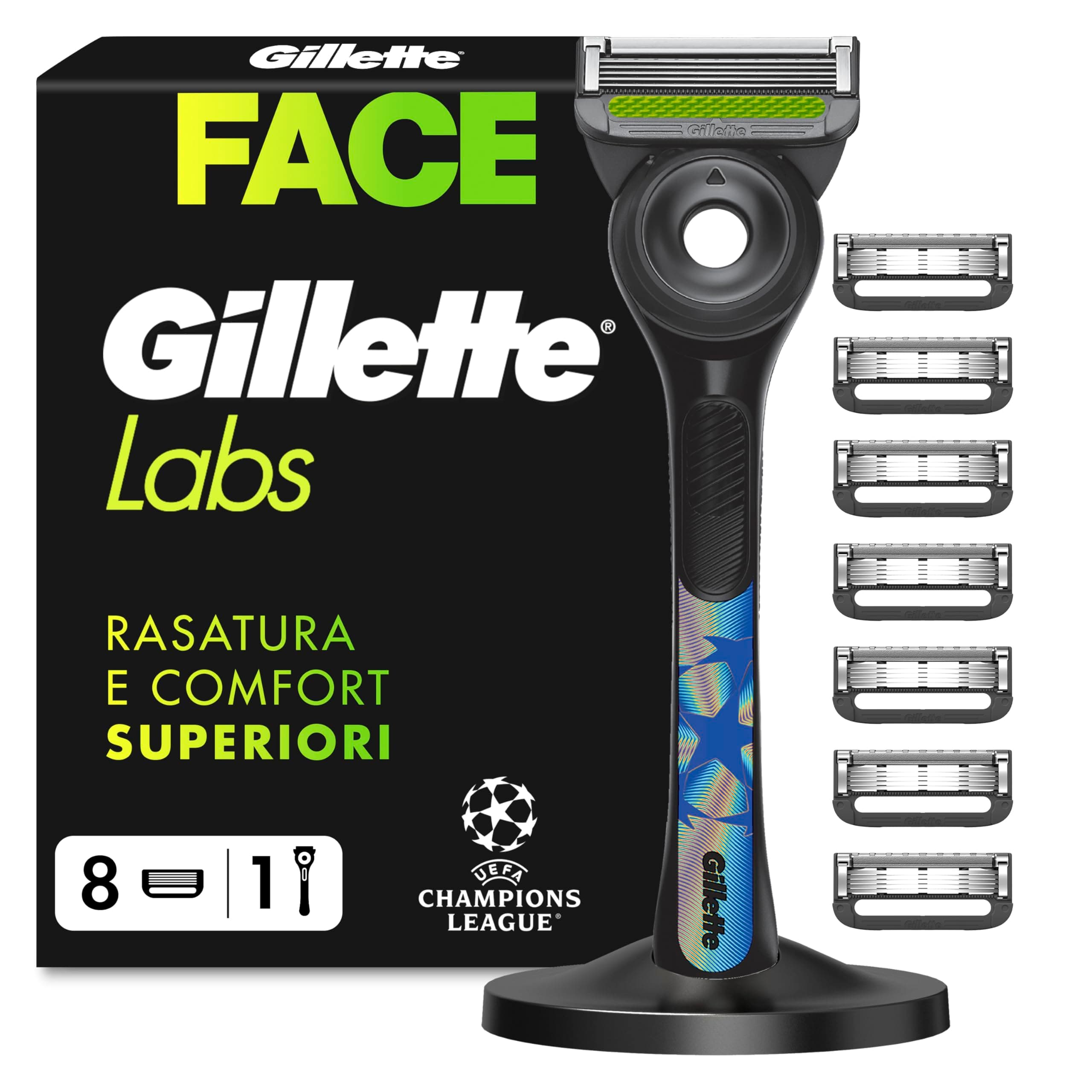 Gillette Uefa Champions League Special Edition Gillette Labs Rasoio a Mano Libera con Barra Esfoliante, 1 Manico + 8 Lamette di Ricambio, Include Base Magnetica Premium