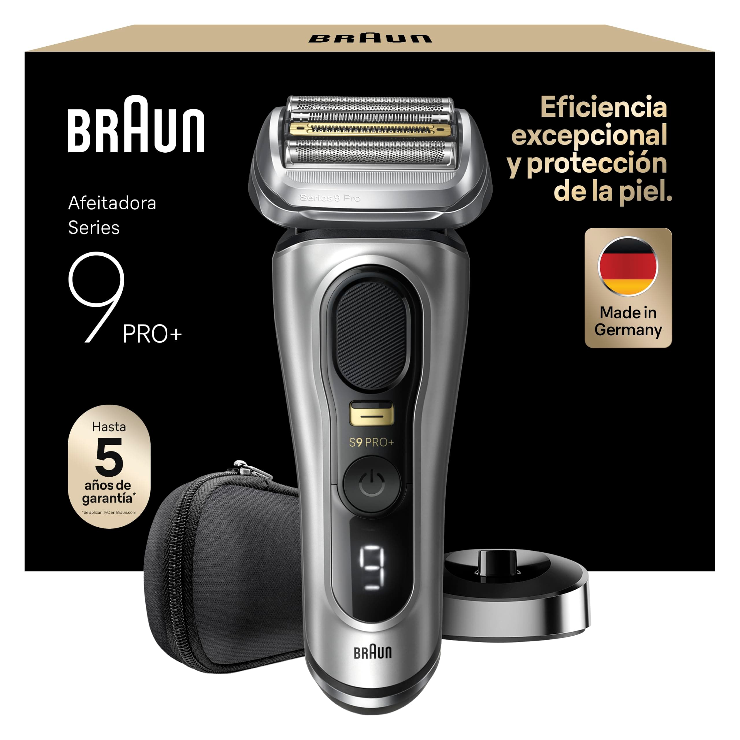 Braun Series 9 Pro+ Afeitadora Eléctrica Hombre, Máquina de Afeitar Barba con Base de Carga Y Funda de Viaje, en Seco Y en Mojado, 60 Min de Autonomía, 9517S, Plata