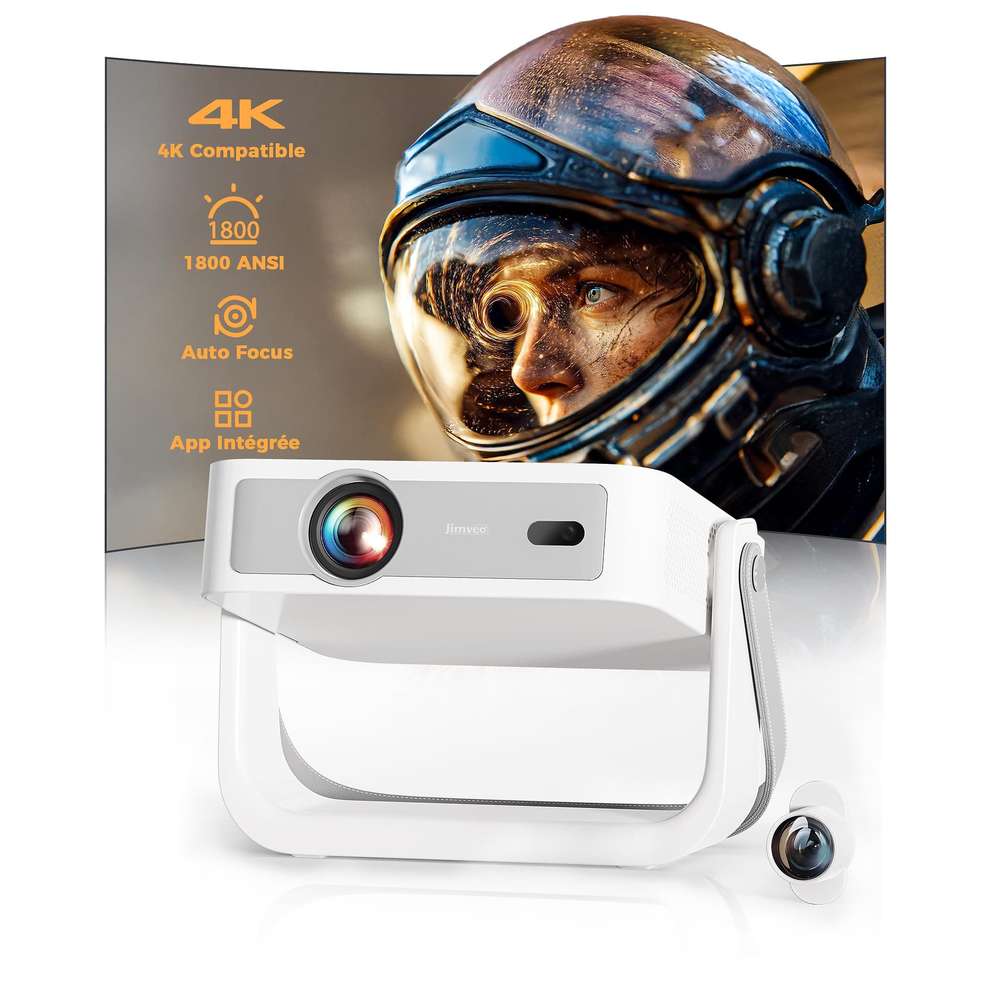 Videoprojecteur-4K【App Intégrée/Autofocus/1800 ANSI】 Jimveo Retroprojecteur | 1080P Natif, Effets d’Ambiance Magnétiques, avec HDMI eARC/CEC, Rotation 180°, Projecteur Video pour Home Cinéma