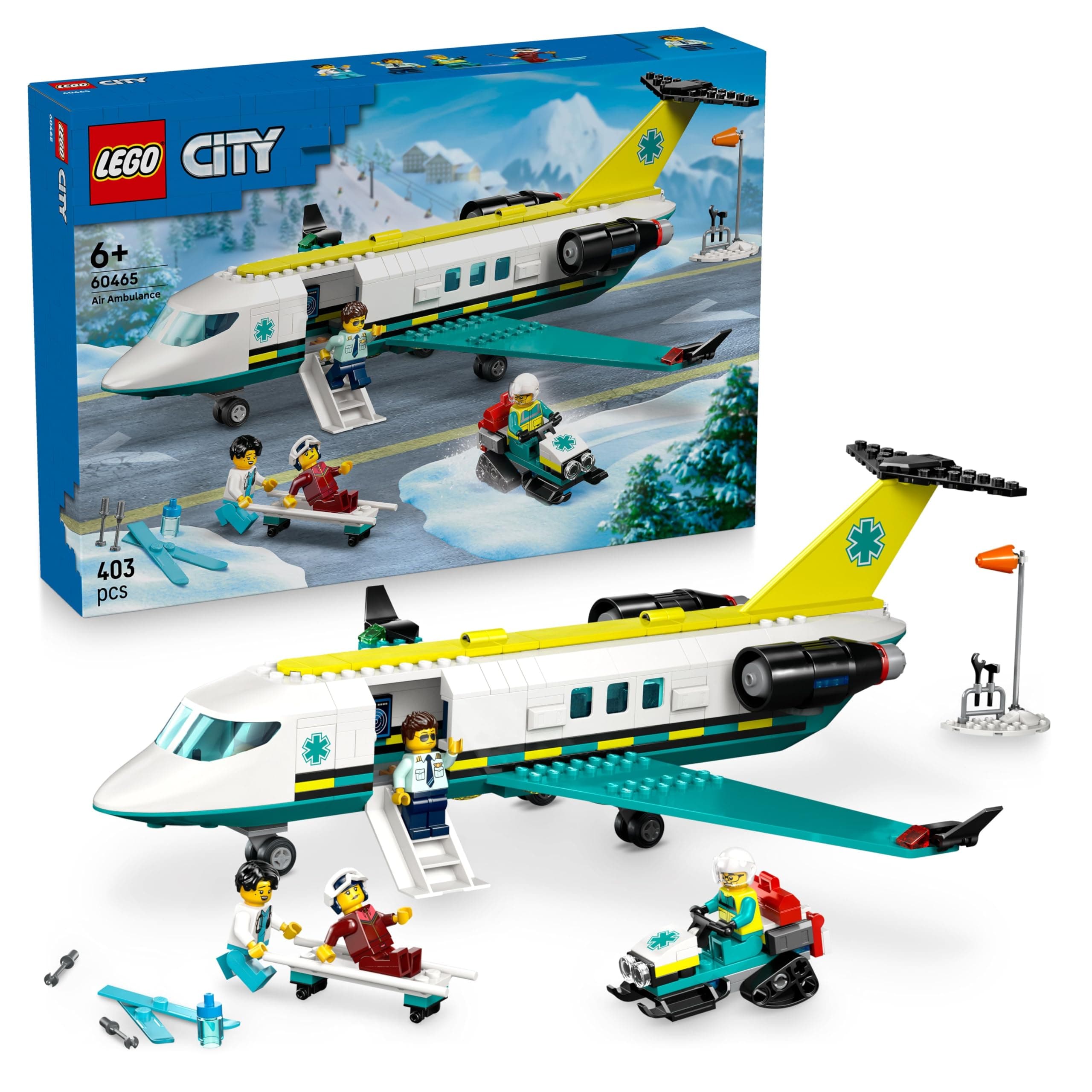 LEGO City L’Ambulance de Secours Aérienne - Jeu de Construction avec Maquette d'avion - 4 Minifigurines Dont 1 Docteur & 1 Pilote - Motoneige, Civière & Outils - Cadeau pour Garçon dès 6 Ans 60465