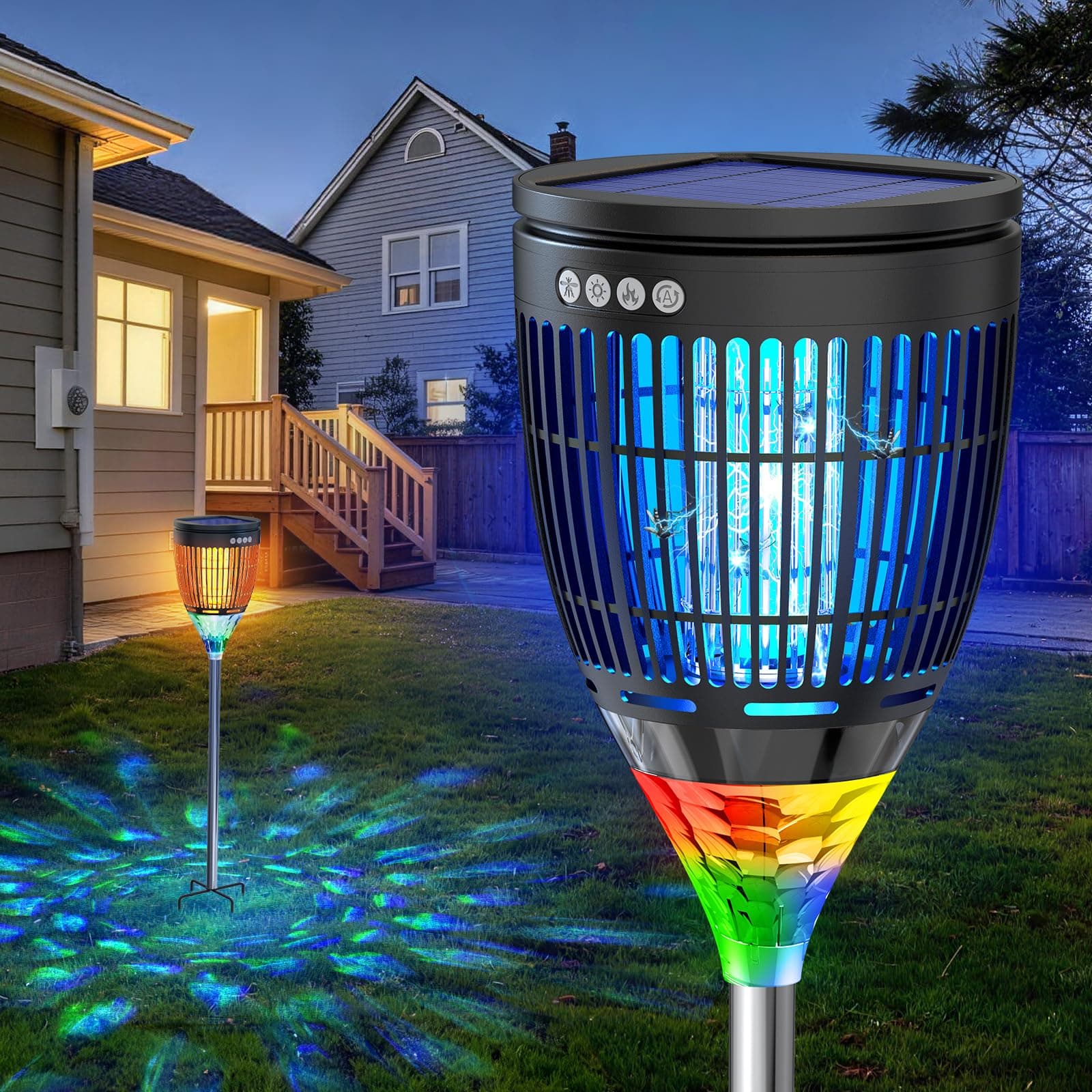 Anysun Antimosquitos Exterior Solar, Lámpara Mata Mosquitos 4200V con Luz de Llama y Proyector Nebulosa, Batería Recargable 3000mAh, USB, IPX5, Sensor Inteligente, para Terraza, Jardín (Negro)