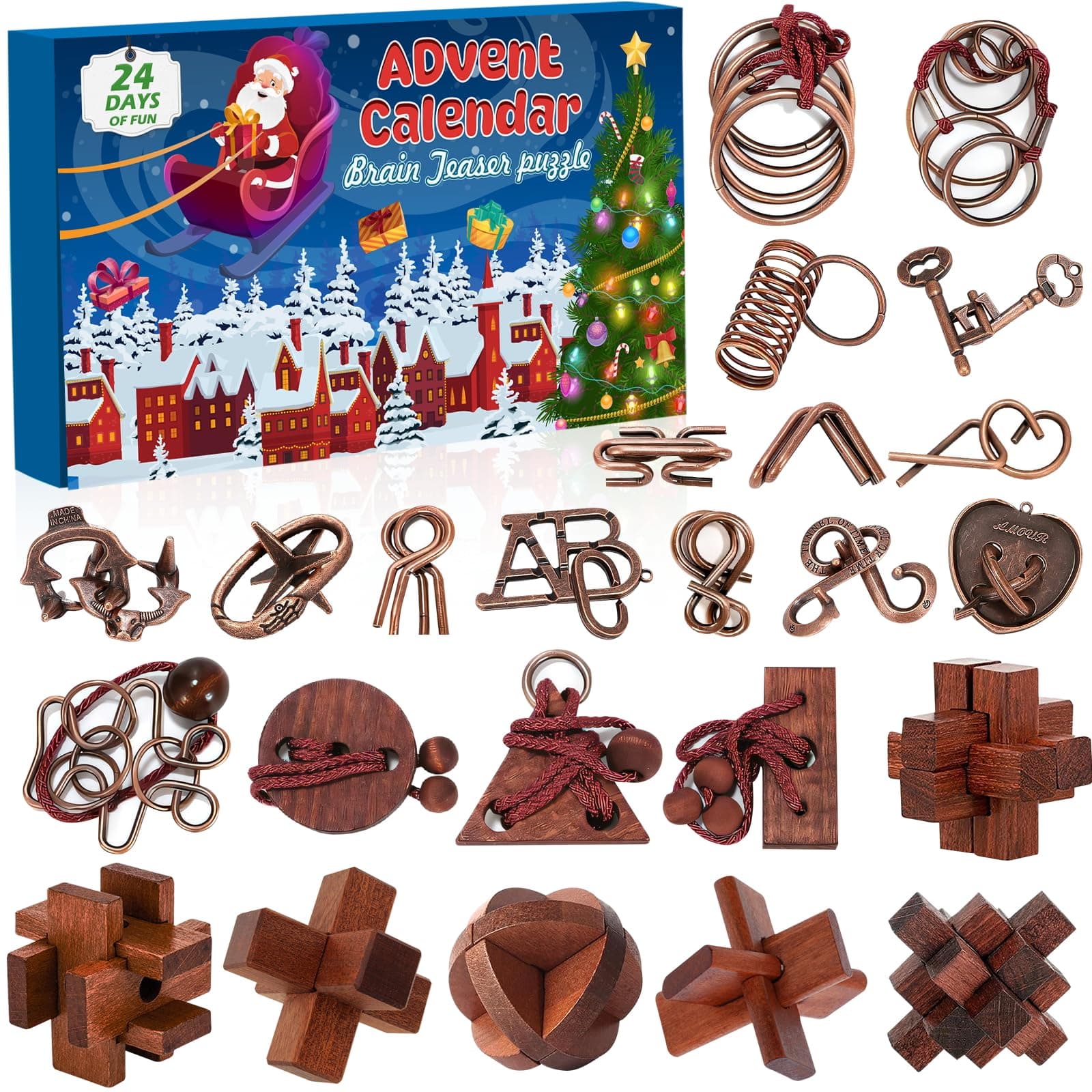 Calendrier de l'Avent 2026 Casse-Tête pour Enfants et Adultes | 24 Jouets en Bois et en Métal, Tests d'esprit, Jeux Educatifs et Logiques – Cadeau de Noël pour Filles, Garçons et Ados