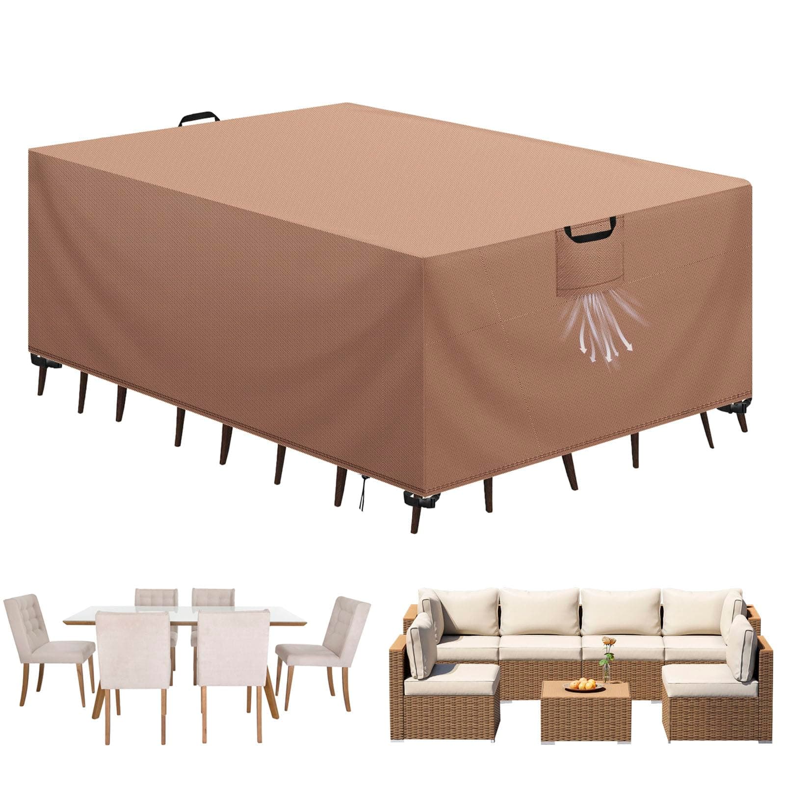 Aujink Copertura Tavolo Esterno Impermeabile, Panno 420D Oxford Impermeabile Copertura Per Mobili da Giardino Tavoli e Sedie da Cortile Raggi UV Resistente allo Strappo , Kaki, 180x120x74 cm