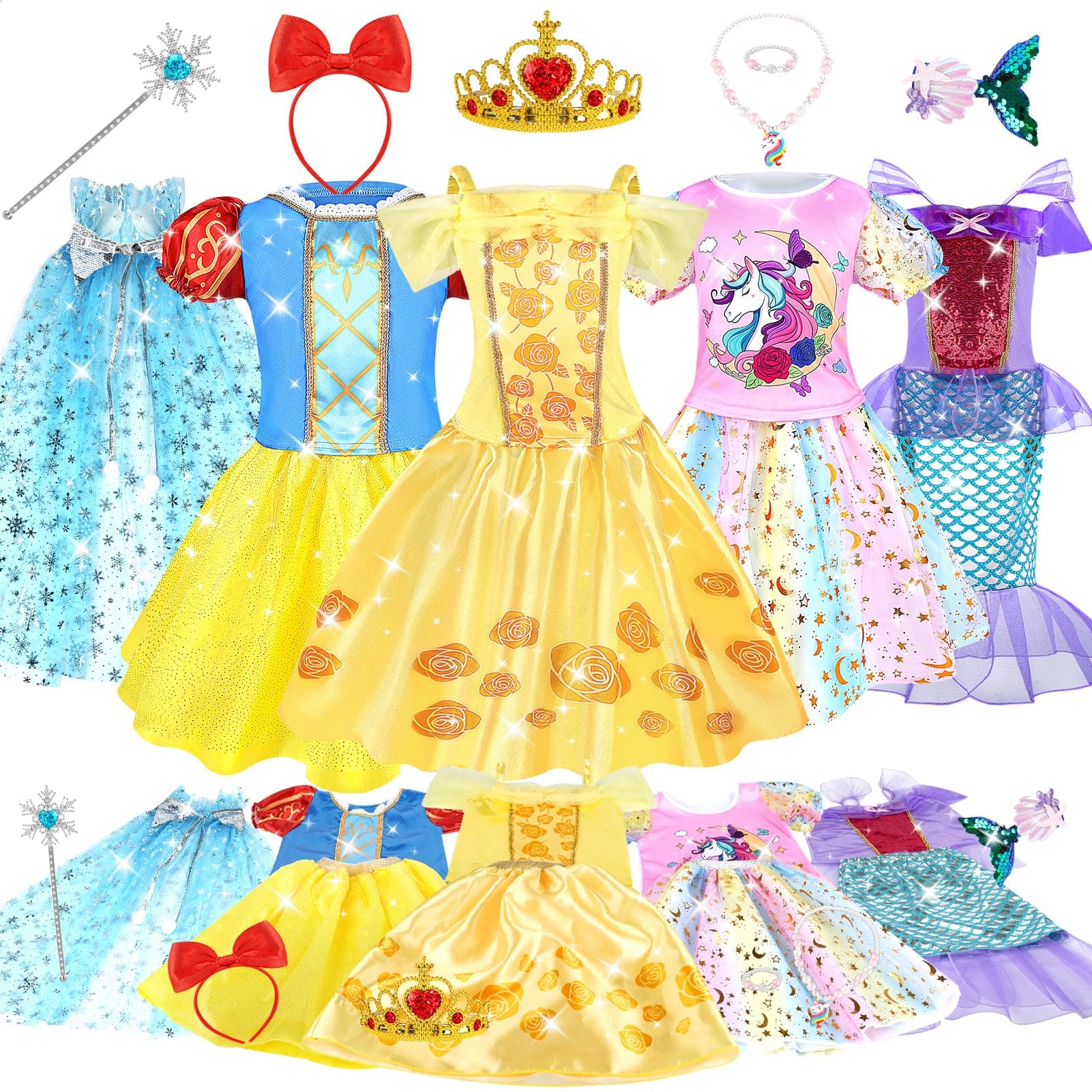 Dreamon Robe Princesse Fille, 5 Thèmes Deguisement Princesse Fille 3 4 5 Ans avec Cape Sceptre Couronne Costume Cadeaux d'anniversaire Carnaval pour Enfants