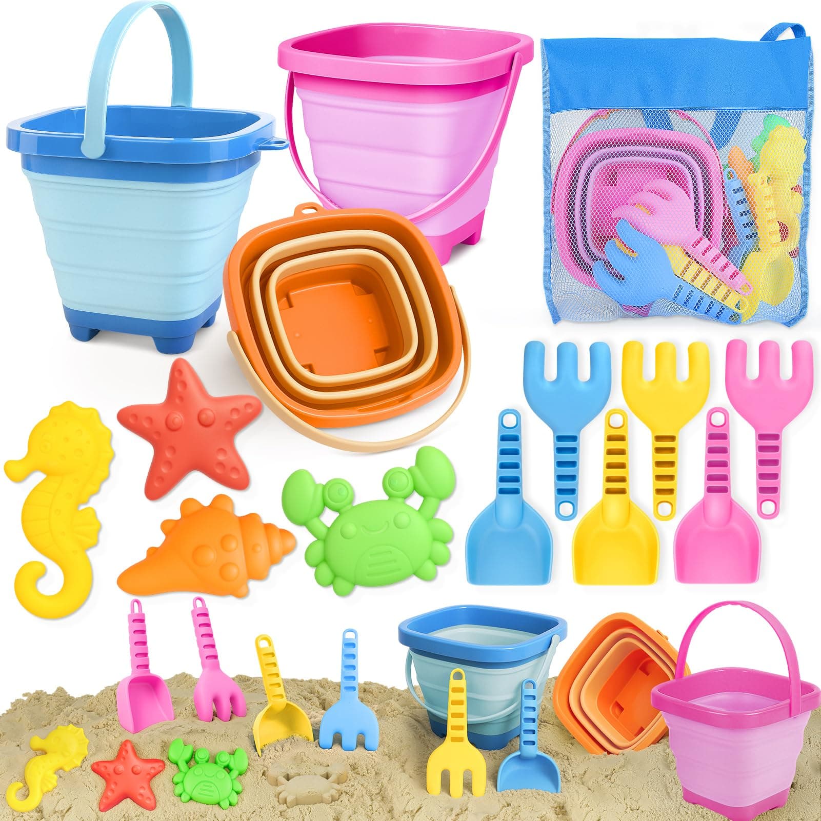 Dreamon Giochi Spiaggia Bambini, Giocattoli di Sabbia da Viaggio con Secchiello Pieghevole Bambini, 14 PCS Giocattoli da Spiaggia per Bambini Ragazzi Ragazze