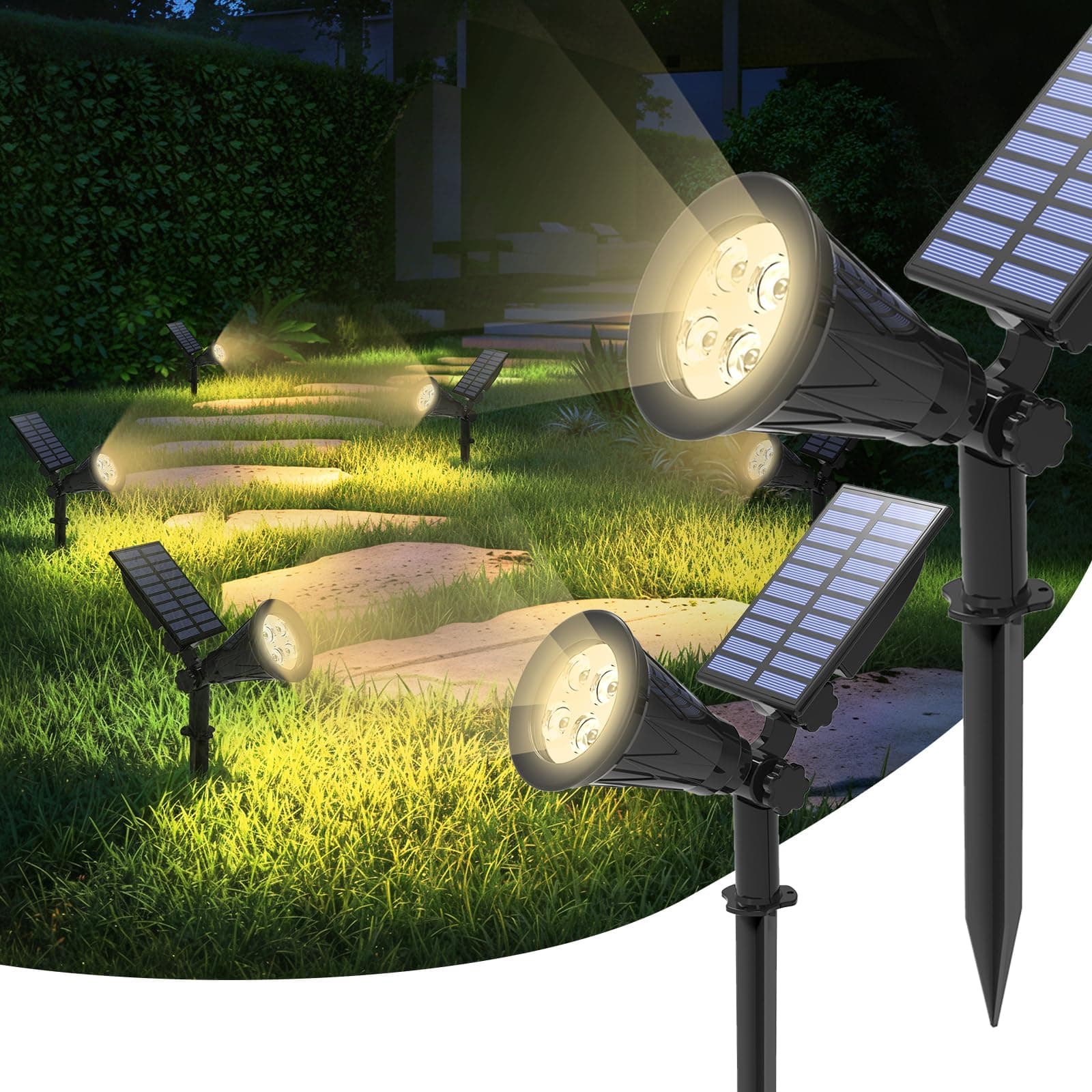 T-SUN 2 Unidades Foco Solar, Impermeable Luces Solares Exterior, Luz de Jardín, 2 Modos de Iluminación Opcionales, Blanco Natural 4000K, Luz de Proyecto Solar para Entrada, Camino.