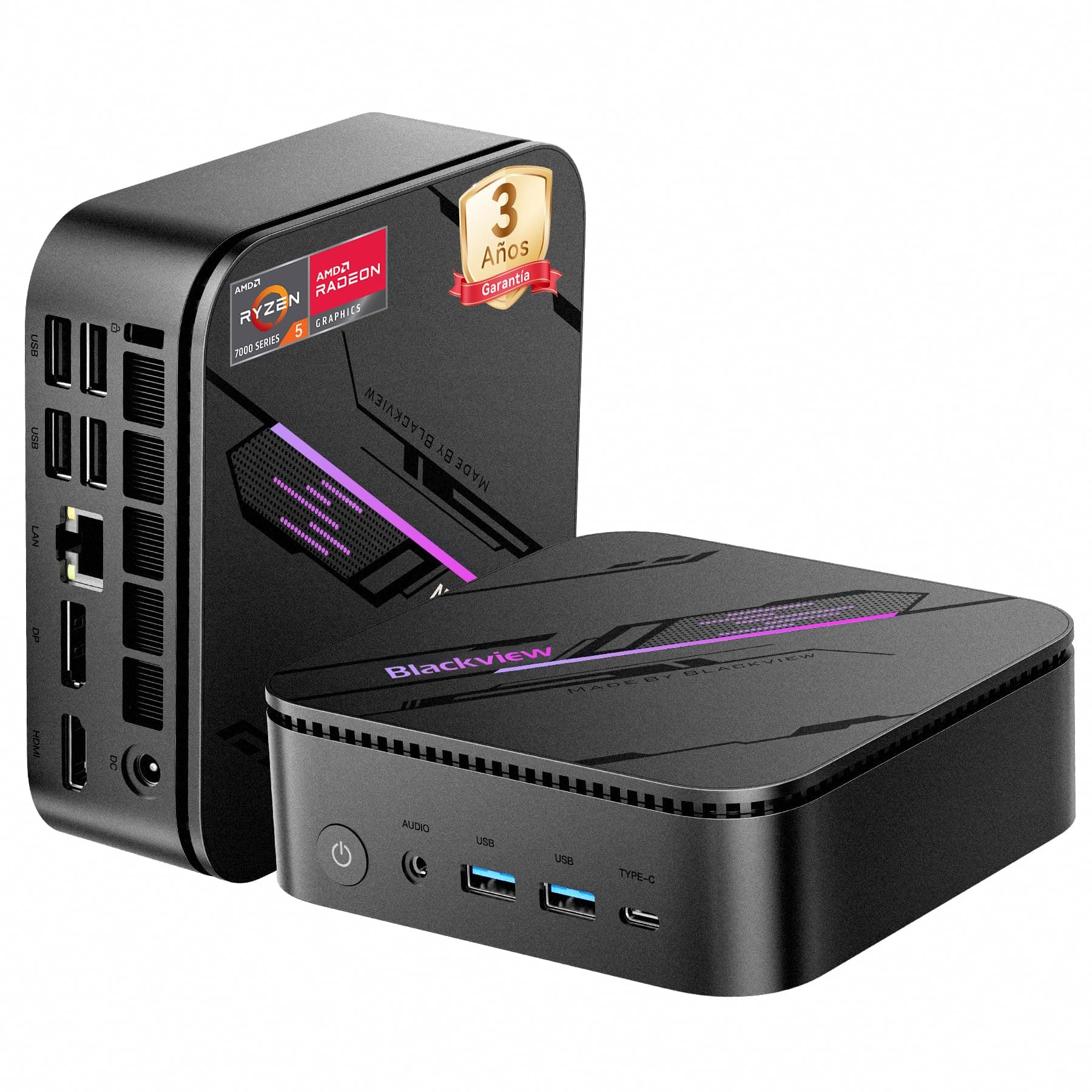 Blackview MP100Pro Mini PC, Win 11 Pro, AMD Ryzen 5 7430U(6C/12T, hasta 4,3 GHz), Mini Ordenadores de sobremesa 16GB RAM 512GB M.2 SSD,Triple 4K a 144 Hz/WiFi 6/BT 5.2/para Oficina, Hogar y Juegos