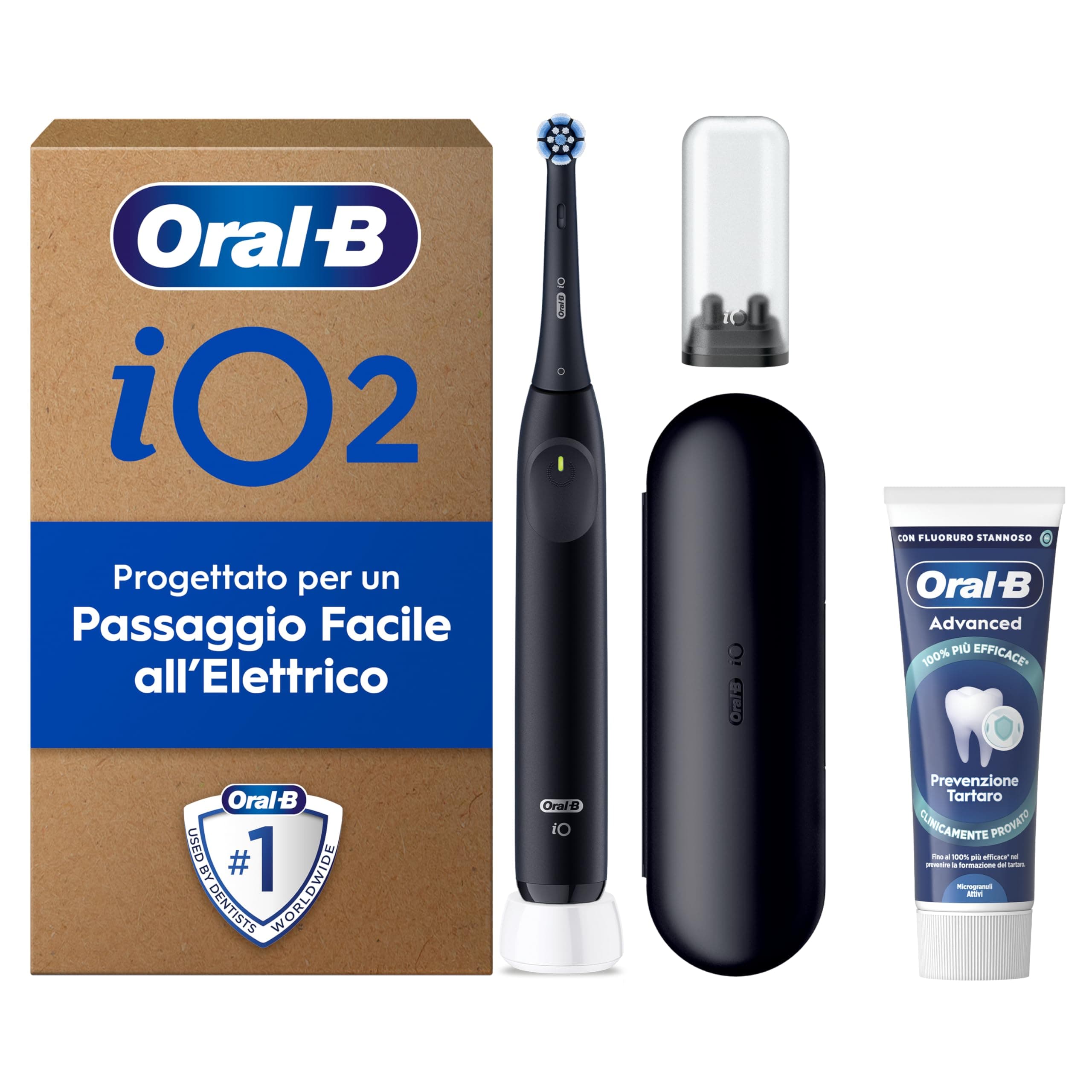 Oral-B iO 2 Spazzolino Elettrico, 1 Testina di Ricambio, Custodia, Nero - 1 Testine di Ricambio per Spazzolino Elettrico, Ricaricabile, Custodia Viaggio + 1 Dentifrico Advanced Prevenzione Tartaro