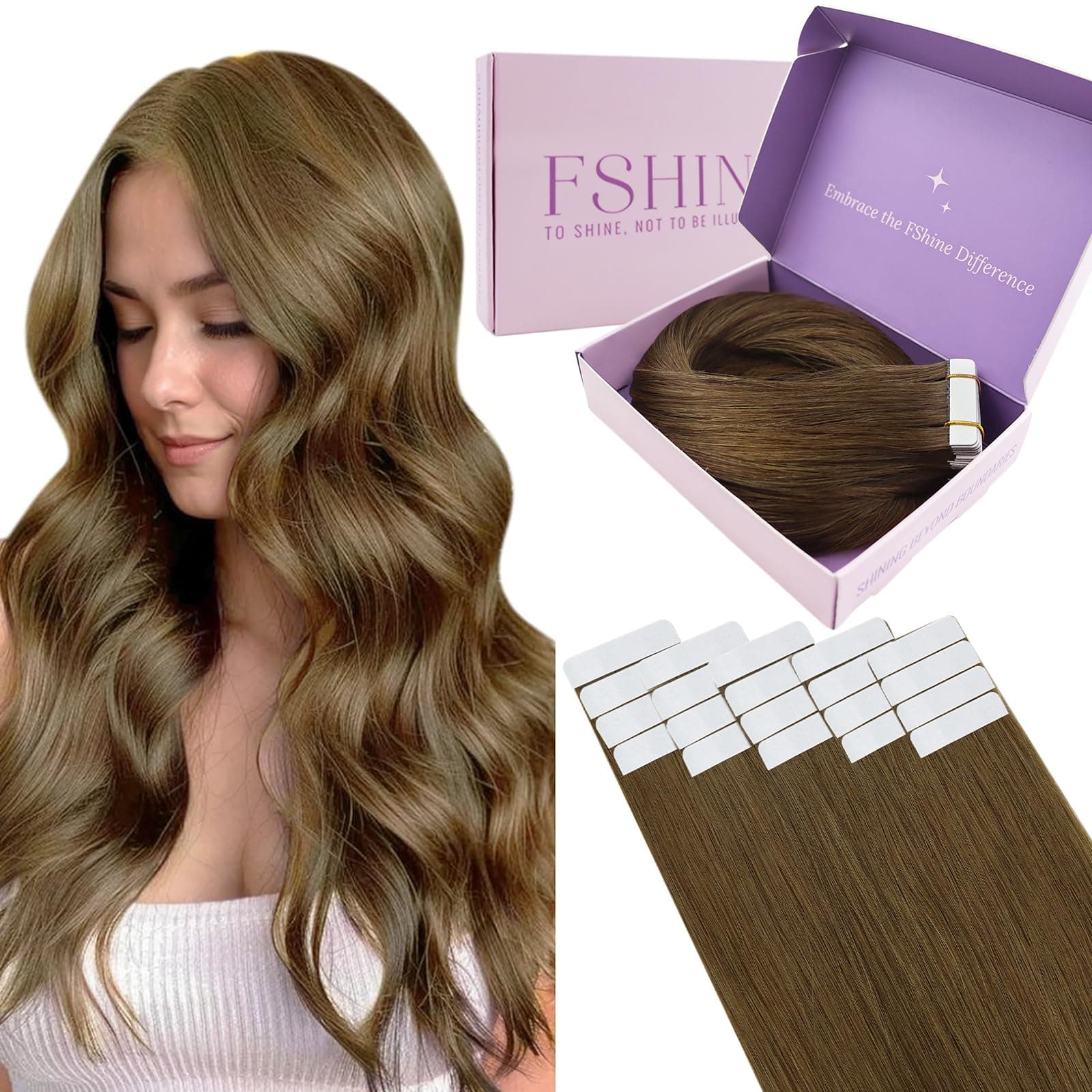 Fshine Biadesivo Extension Capelli Veri Marrone Medio Lungi Extension Adesivo Umani Capelli Lisci 50 g 55 cm 20 pcs Tape in Remy Hair Invisible Human Extension Sposa 4