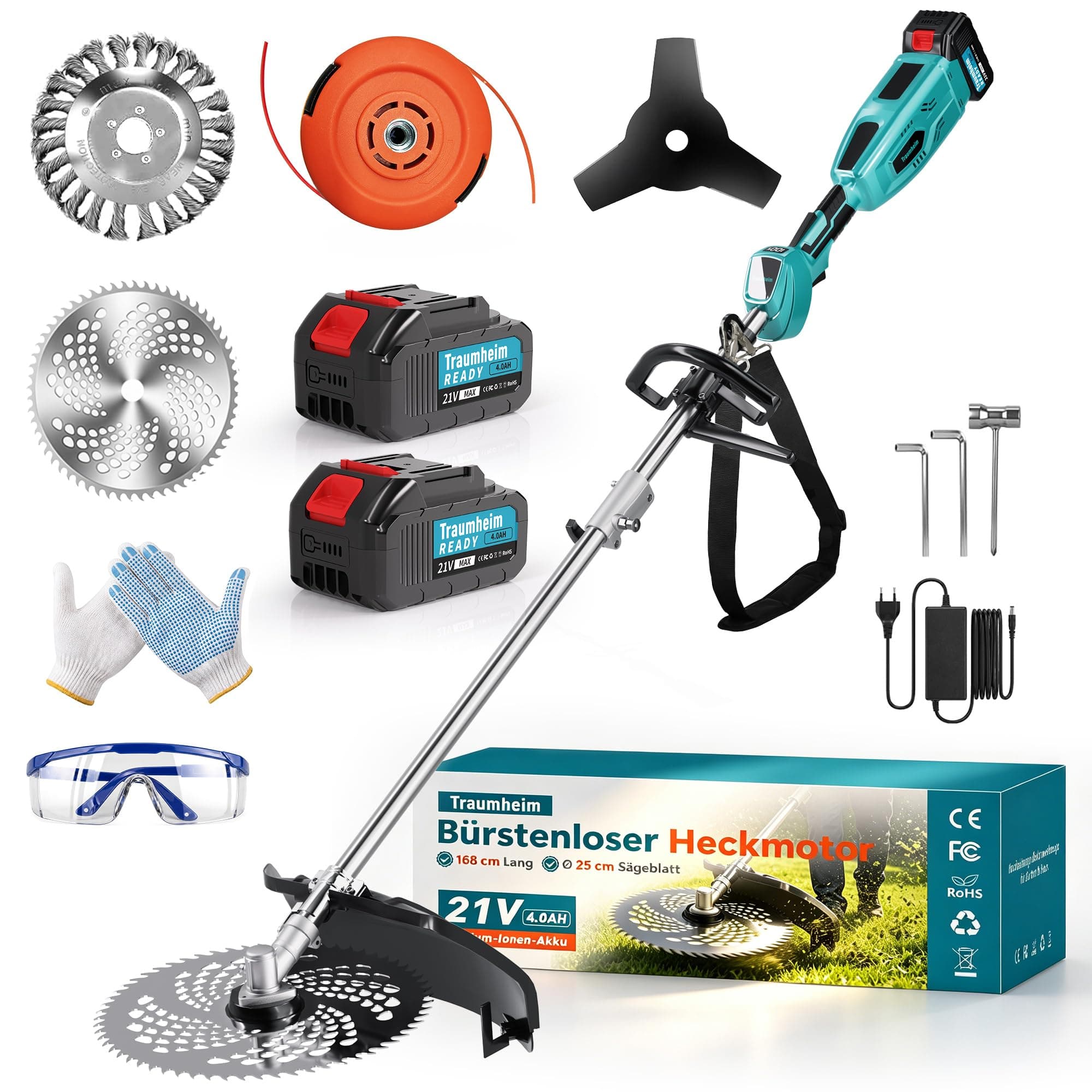 Recortador inalámbrico Traumheim 4-en-1 para Makita 950W | Motor sin escobillas, cepillo para malezas de 15 cm, sistema Tap&Go, tubo alargado, incluye 2 baterías de 4,0 Ah