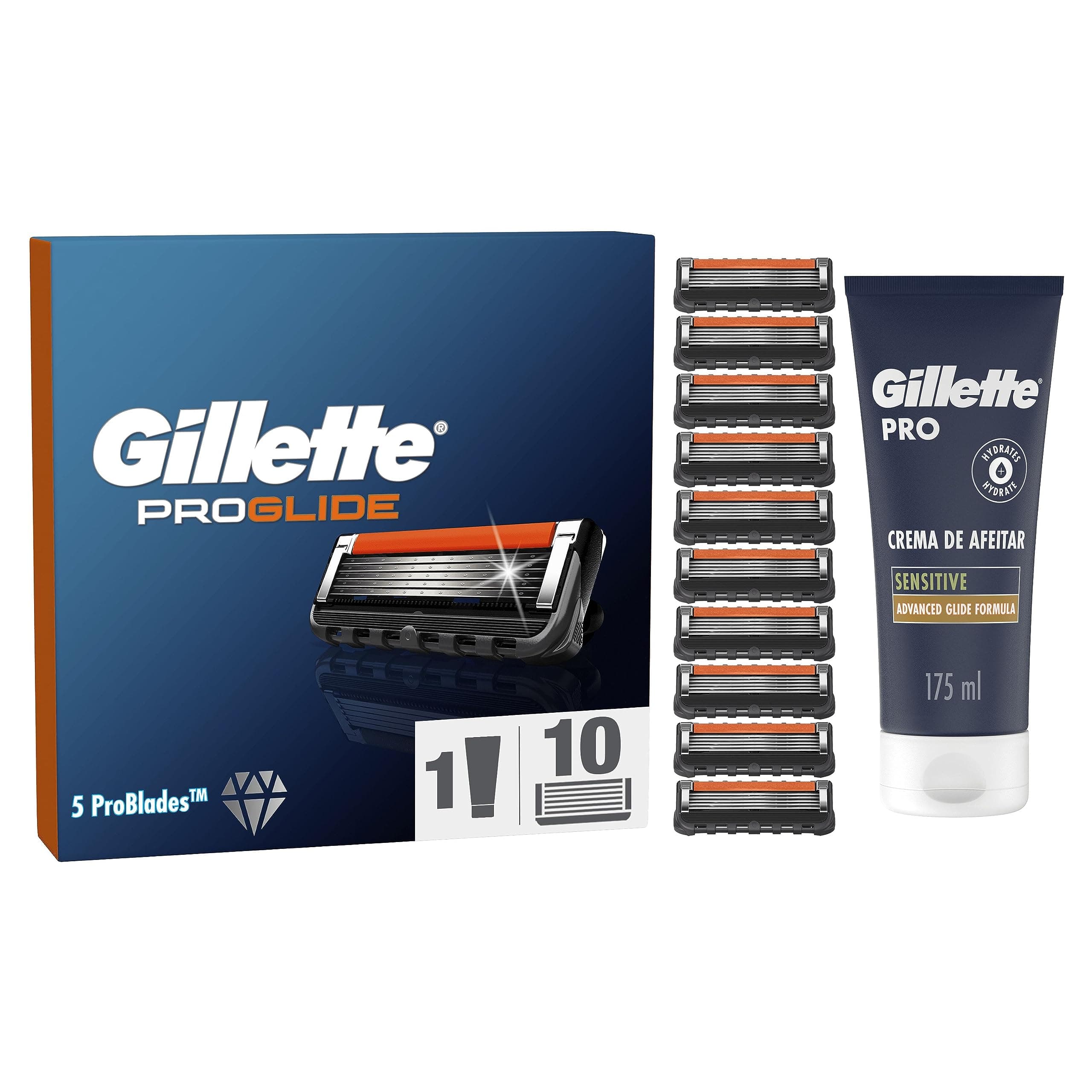 Gillette ProGlide, LAMETTE DI RICAMBIO Per Rasoio Barba, 10 LAMETTE Con LUBRASTRIP + CREMA DA BARBA Per Pelli Sensibili, Gillette PRO Da 175 ml, IDEA REGALO UOMO