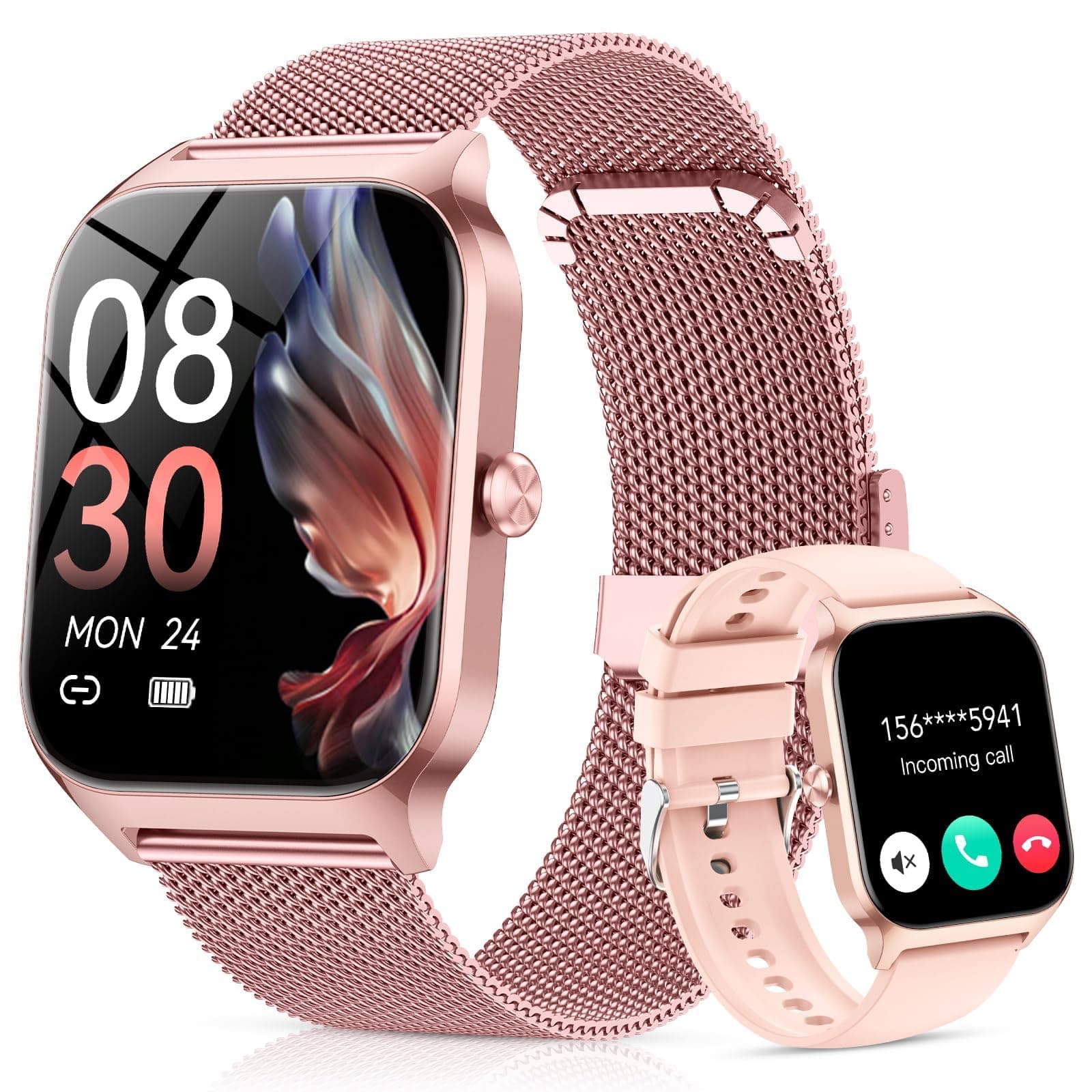 CASCHO Montre Connectée Femme avec Appel Bluetooth, 1.85" HD Smartwatch Femme avec Fréquence Cardiaque/Sommeil/SpO2, 120+ Modes Sportifs, IP68 étanche, Fitness Tracker Watch pour Android iOS-Or Rose