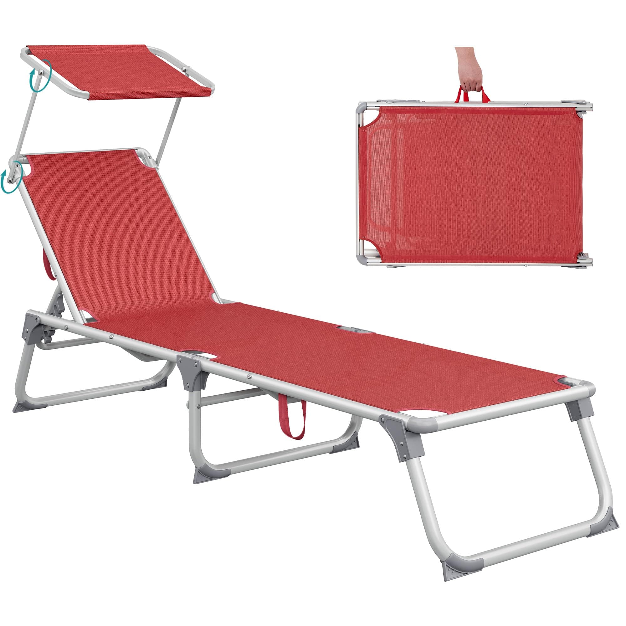 SONGMICS Bain de Soleil, Chaise Longue Pliable, Transat, 193 x 55 x 31 cm, Capacité de Charge 150 kg, avec Pare-Soleil et Dossier Inclinable, pour Jardin, Piscine, Terrasse, Rouge GCB19RD