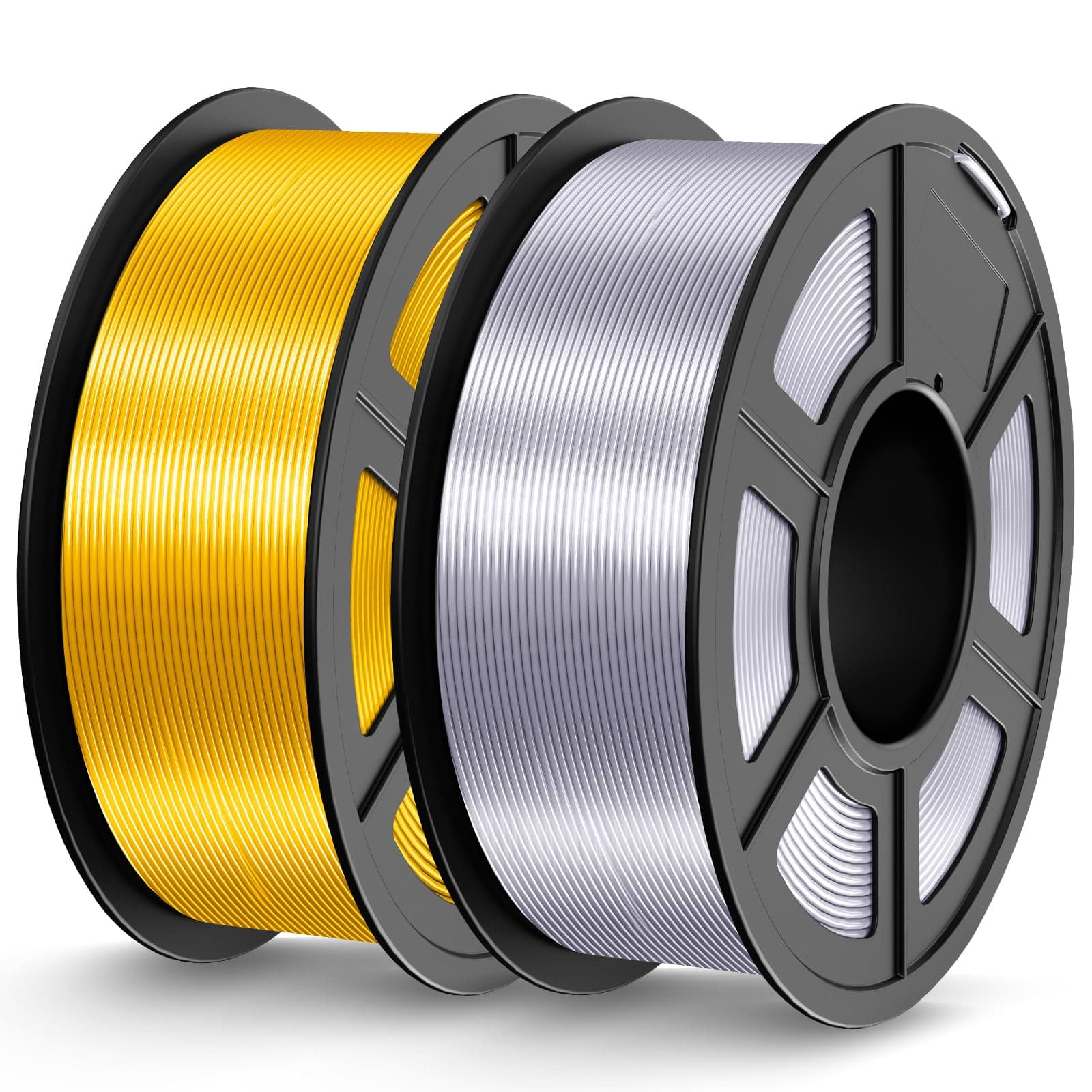 JAYO PLA Silk 1.75 mm Filamento 3D – Pack 2 Bobinas: Plata y Dorado (2 x 1.1 kg/Total 2.2 kg, ~720 m), Acabado Brillante como Seda, Precisión ±0.02 mm, Bobinado Ordenado