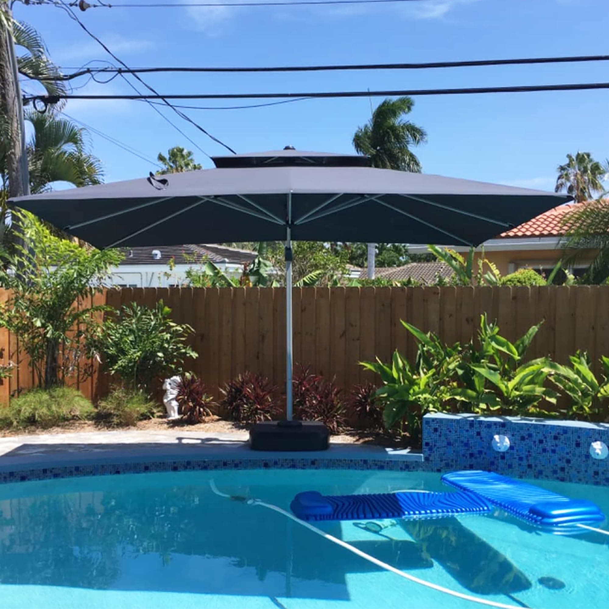 PURPLE LEAF Parasol Déporté 3 x 3,65 m Rectangulaire avec Pied, Parasol de Jardin Extérieur à Toit Double Rotatif 360°, Convient au Patio, Piscines, Cafés et Restaurants, Gris acier