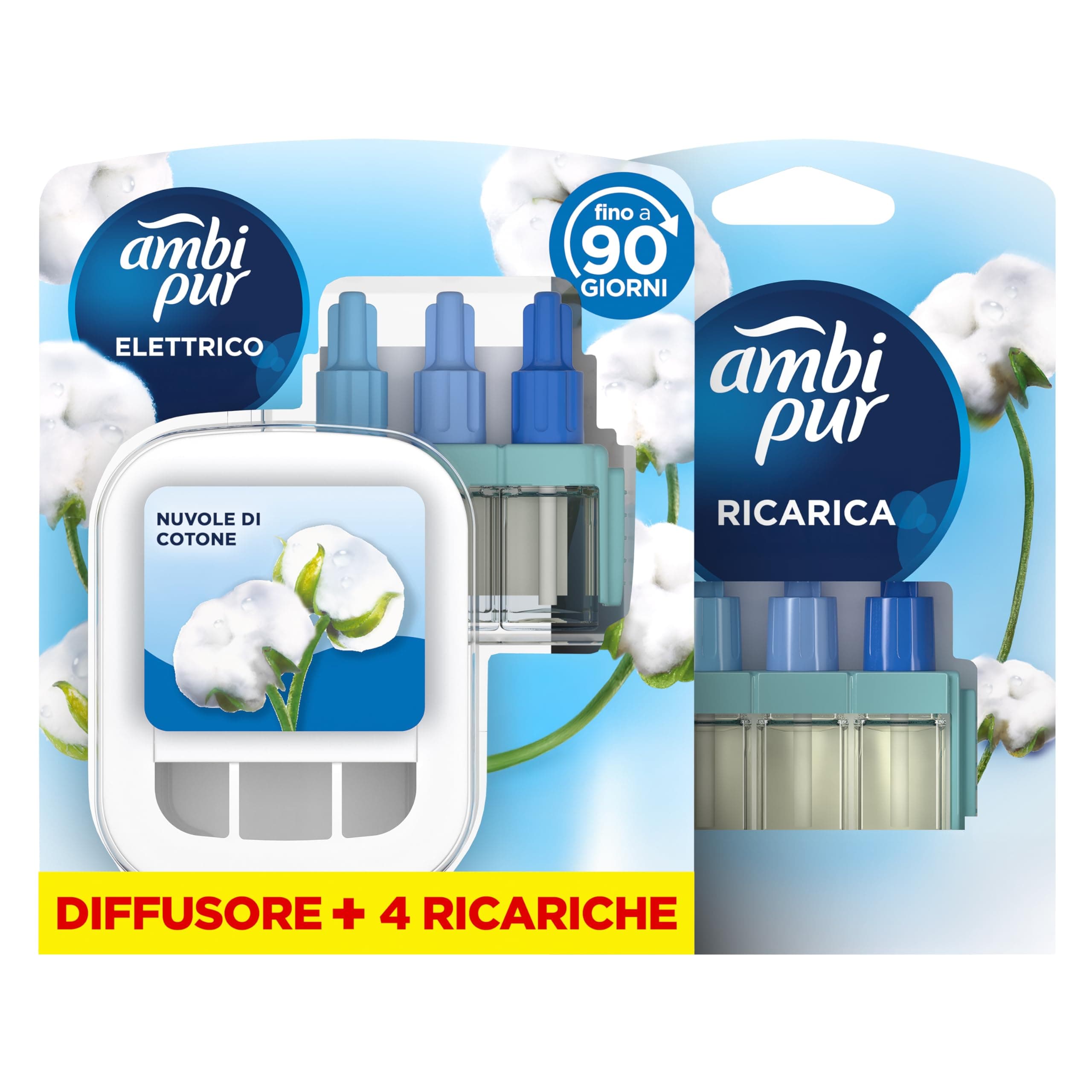 Ambi Pur 3Volution Profumatore per Ambienti, Diffusore Elettrico e 4 Ricariche, Fragranza Nuvole di Cotone, tecnologia Elimina Odori, Fino a 90 Giorni di Profumo per Ricarica