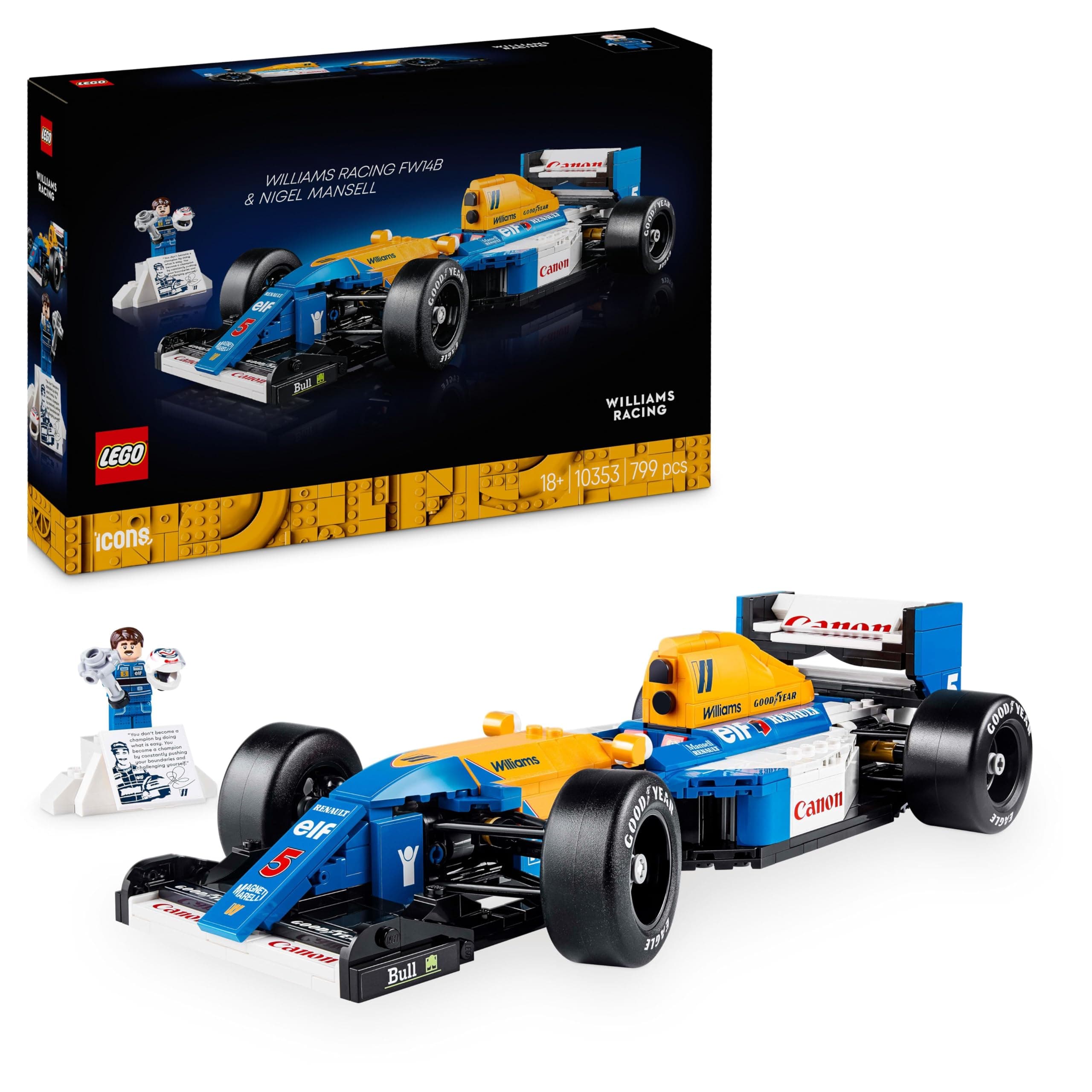 LEGO Icons Williams Racing FW14B et Nigel Mansell - Maquette de Voiture de F1 - Inclut minifigurine Collector de Pilote avec trophée et Casque - Idée Cadeau pour Adulte et Adolescent 10353