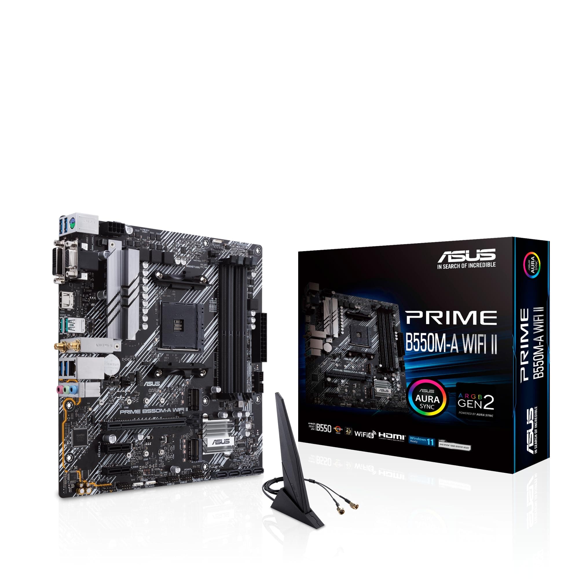 ASUS Prime B550M-A WI-FI II – Carte mère AMD B550 Ryzen AM4 Micro ATX (2 x M.2, PCIe 4.0, DDR4 4400, Intel WiFi 6, 1 GB Ethernet, HDMI/D-Sub/DVI, USB 3.2 Gen 2 Type-A, Aura Sync RGB)