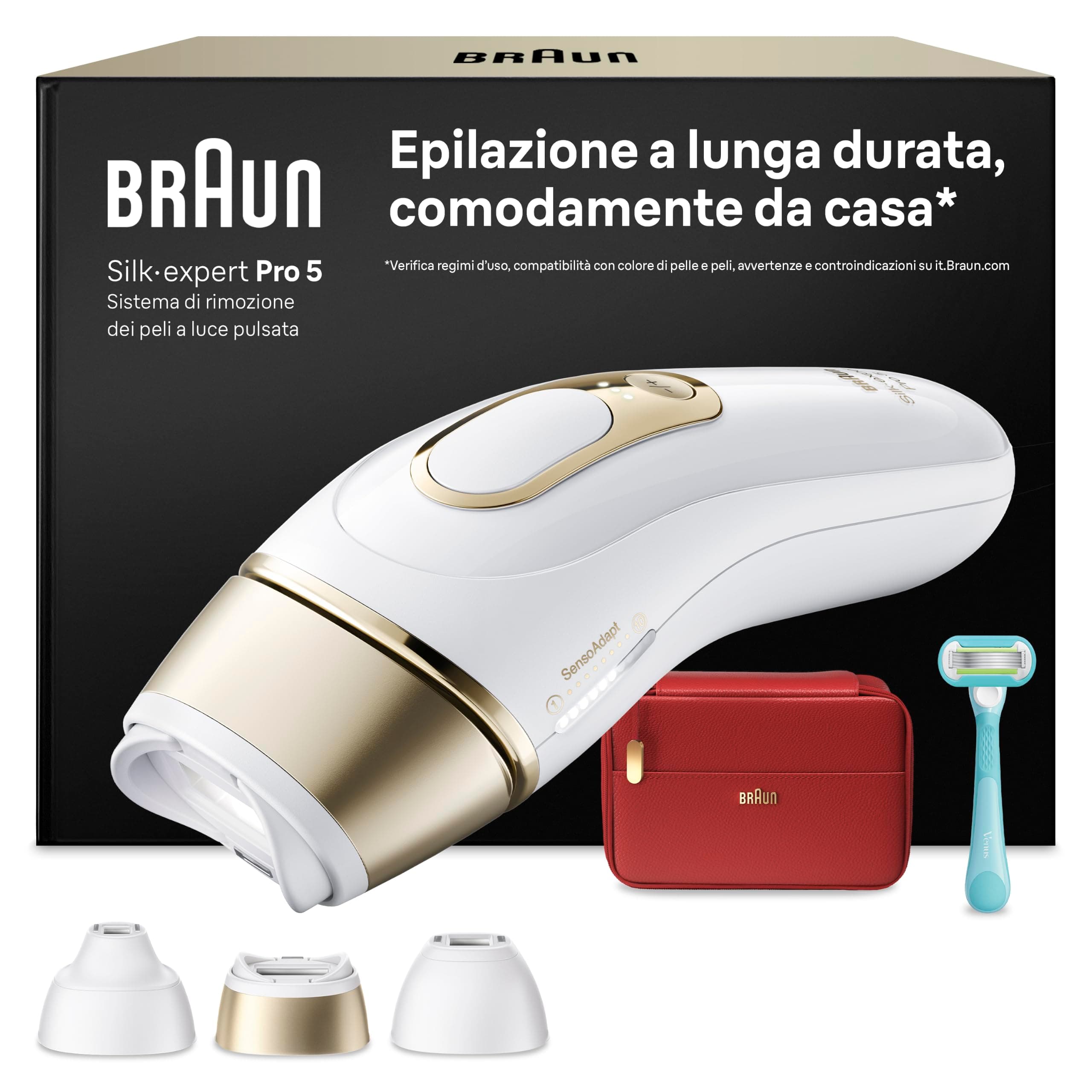 Braun Silk·Expert Pro 5, Epilatore Luce Pulsata Smart, Epilazione Laser Peli Donna a Casa, Riduzione Permanente dei Peli, con 3 Testine, Custodia e Rasoio Gillette Venus, Pl5321